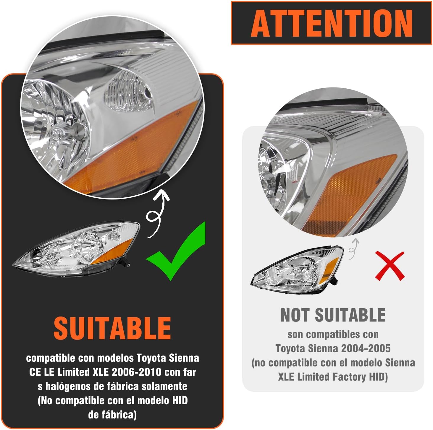for 2006-2010 Toyota Sienna Headlights Assembly Compatible with 2006 2007 2008 2009 2010 Sienna Chrome Housing Amber Reflector Replacement Driver & Passenger Side(No Bulbs)