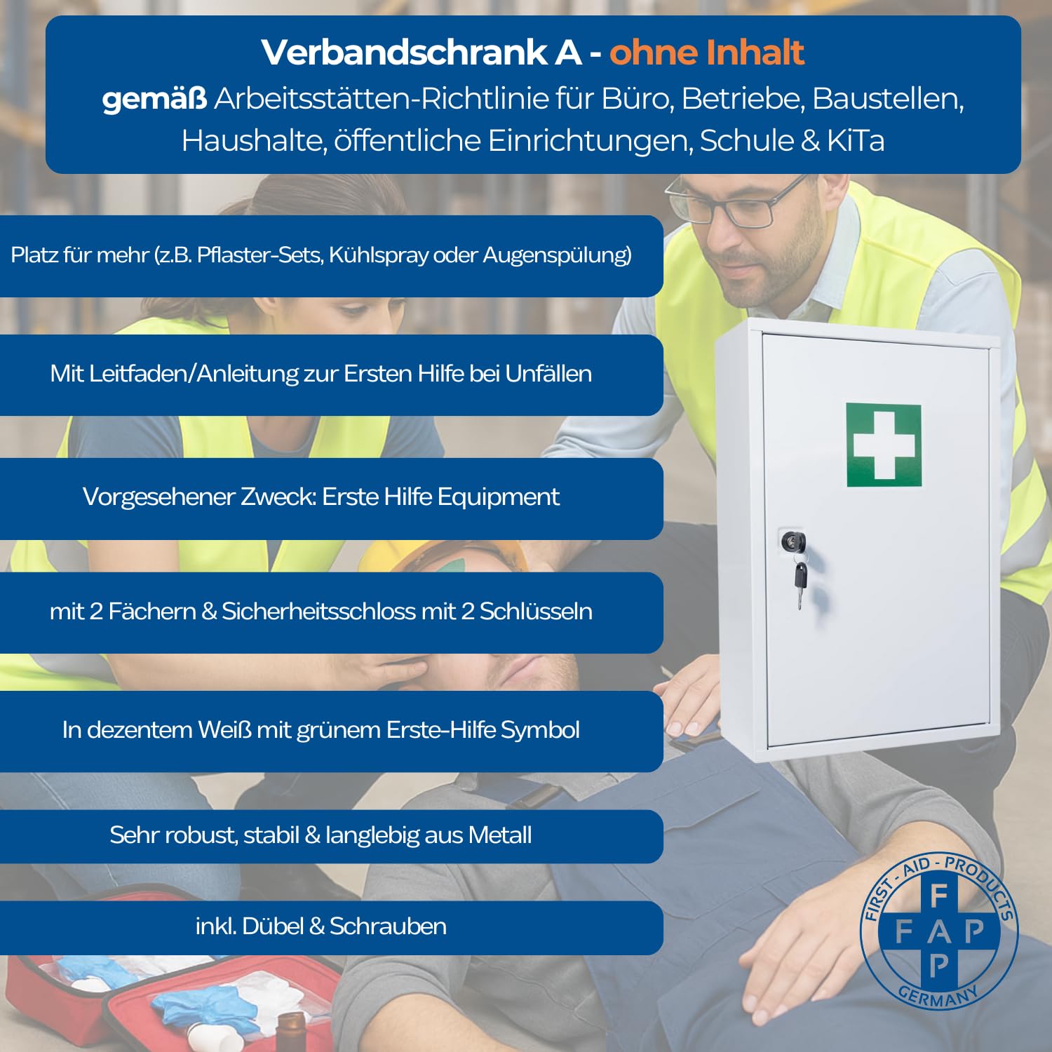 First Aid Products Verbandschrank A – leer (für DIN Füllung geeignet) – Metall, 2 Ablageflächen – Sicherheitsschloss – Weiß – kompakt & wandmontierbar – 37 x 30 x 14 cm