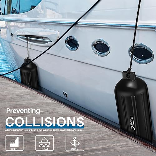 Miniatura 13 de Paquete de 4 defensas de barco de 8.5 x 27 pulgadas, acanaladas con ojos gemelos, parachoques para acoplamiento, viene con cuerdas y bomba para Azul