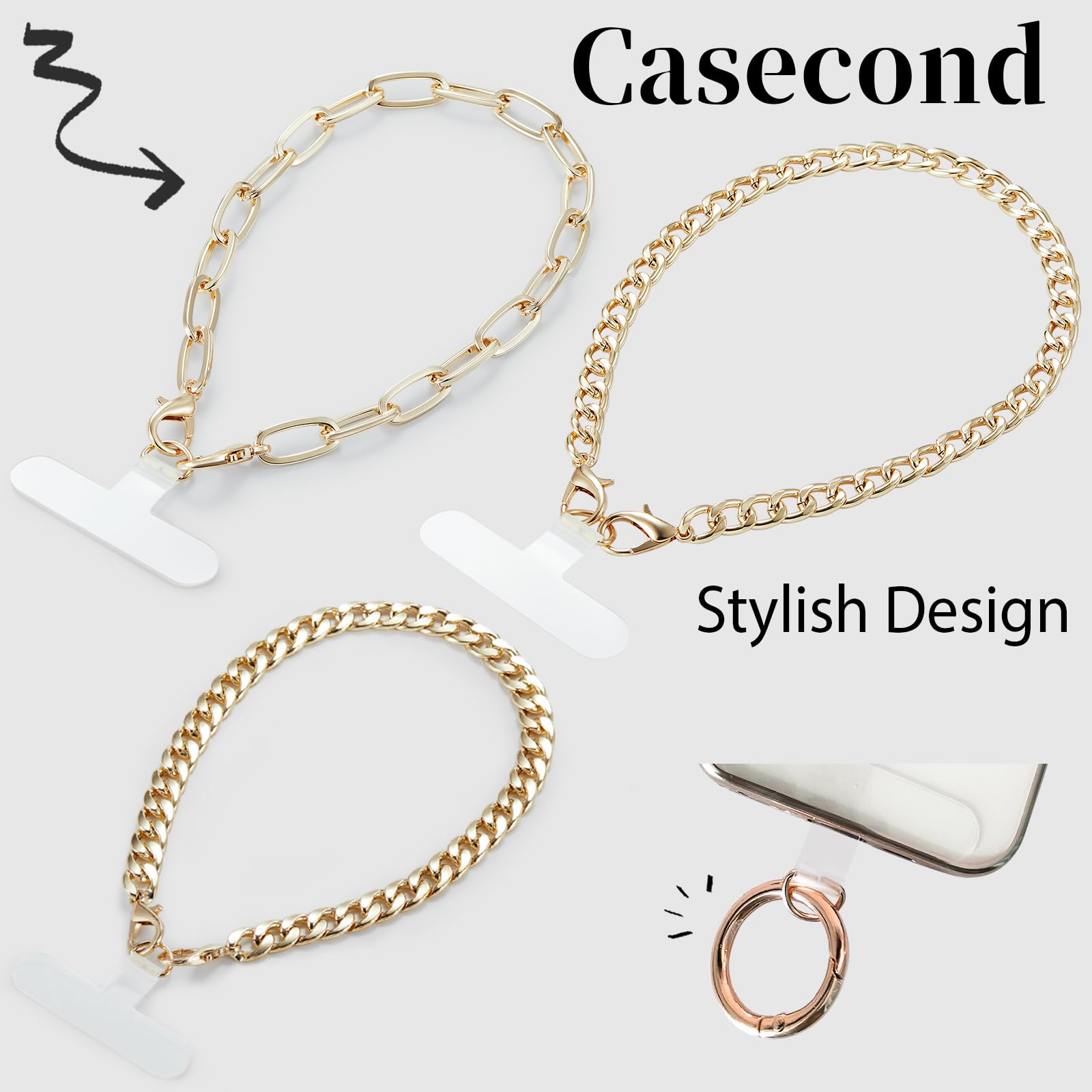 3 pcs Phone Charm with Gold Metal Chain Detachable Lanyard Hand Wrist Smartphone Strap Finger Grip Strap with 4 Patches Tether CellPhone Stand Holder Universal for iPhone 16 Pro Max 15 Charms