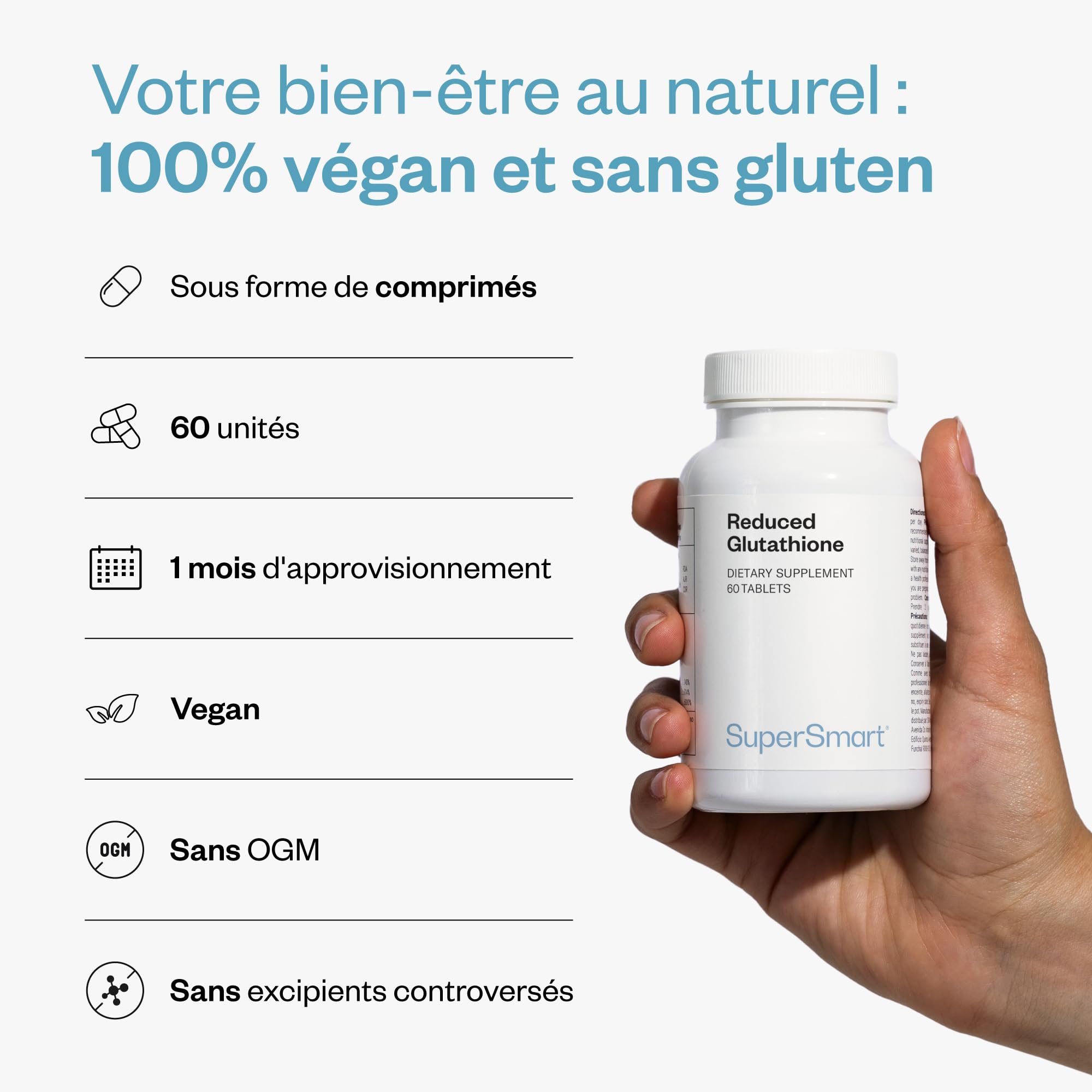 Glutathione Réduit (GSH) - Antioxidant - Vegan - Sans Gluten - SuperSmart