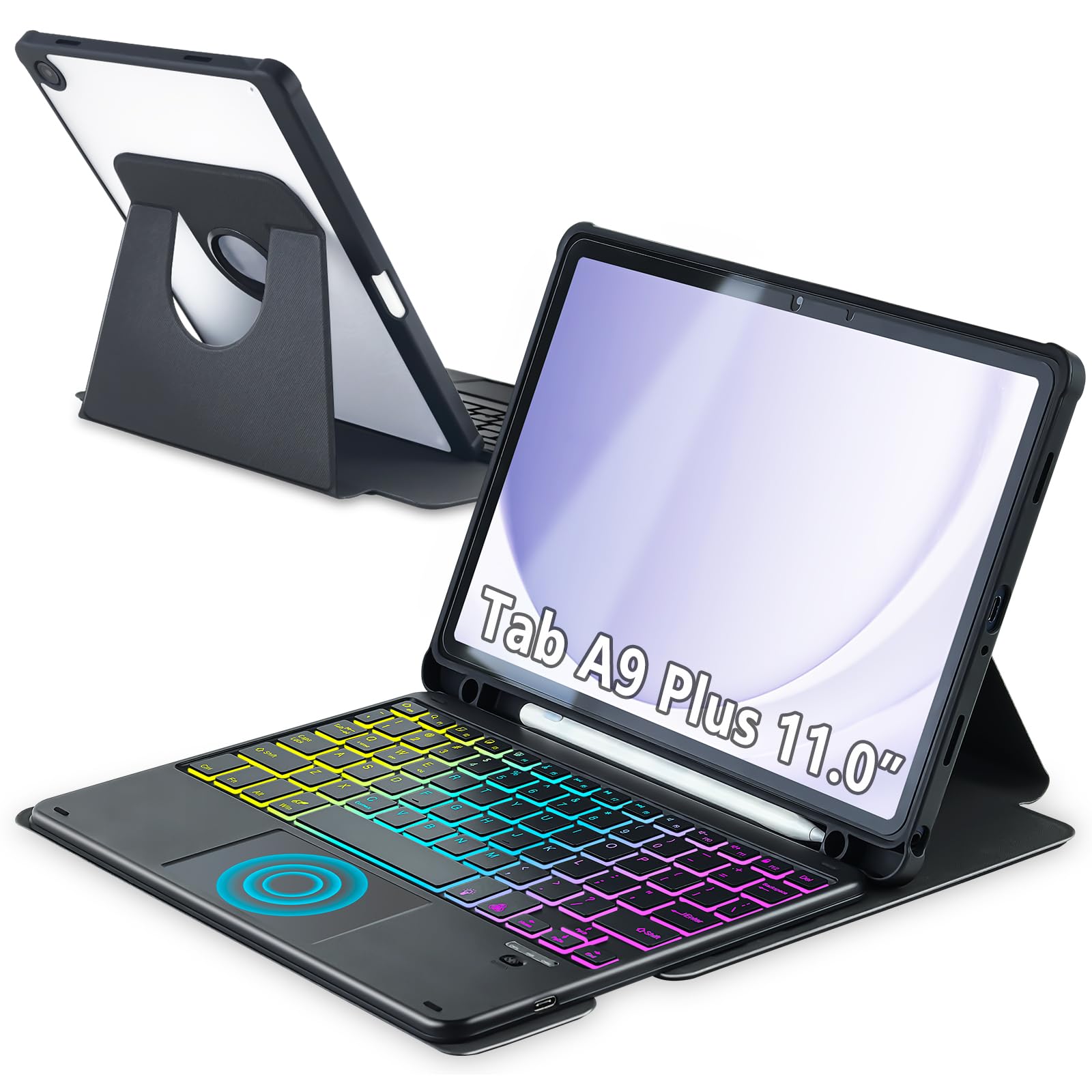 MePadKey Touchpad Keyboard Case for Samsung Galaxy Tab A9 Plus 5G 11 inch SM-X210/X215/X216/X218, 360°Rotating Cover with Color Backlight Magnetic Removable Keyboard for Tablet A9+ (Black) For Samsung Galaxy Tab A9 Plus 11.0 inch 2023 Black