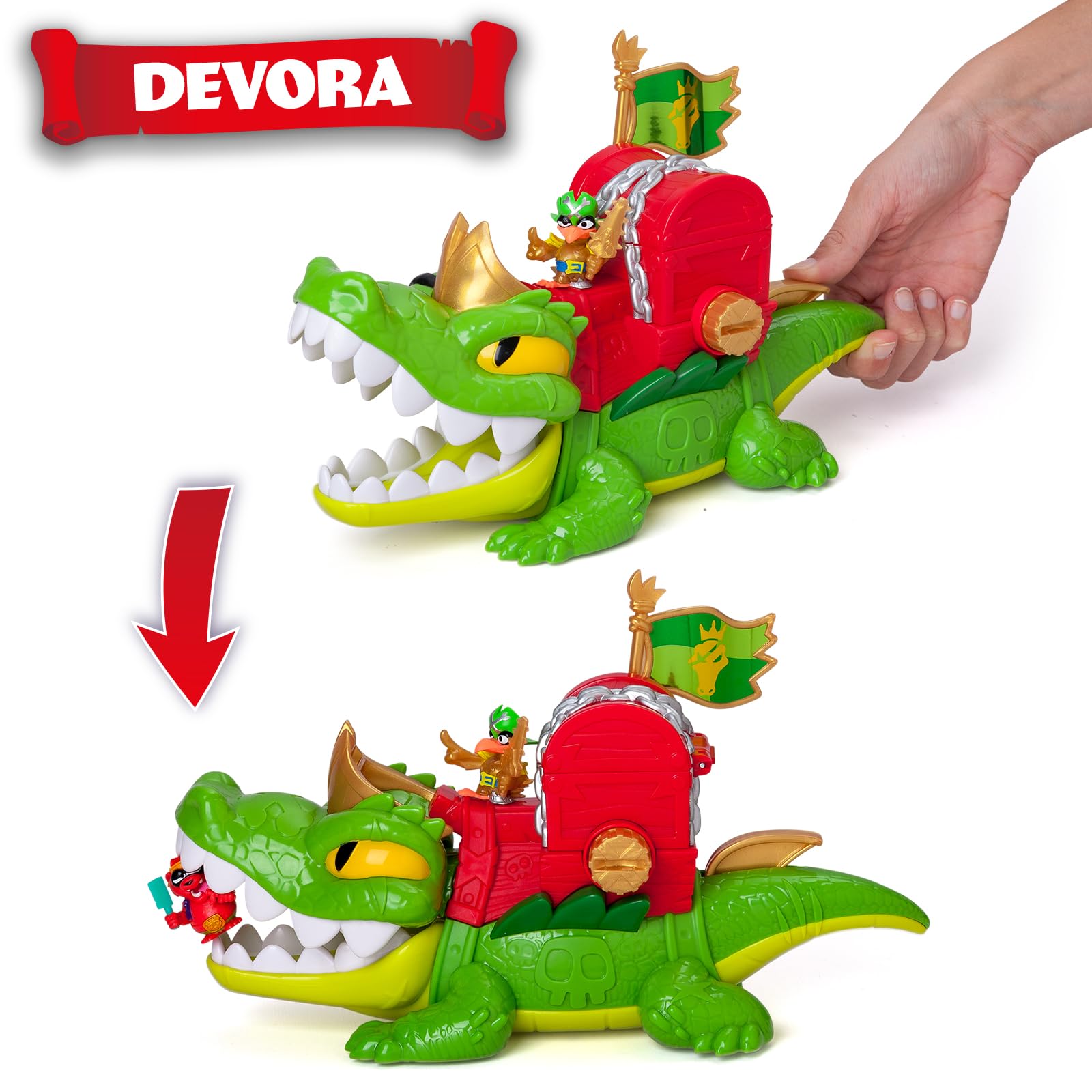 PIRATIX King Croc –Cocodrilo articulado,para capturar Piratix y con un cofre para guardar tesoros. Contiene 1 cocodrilo, 1 tesoro exclusivo, 2 tesoros dorados extras, 1 Piratix exclusivo y 1 accesorio
