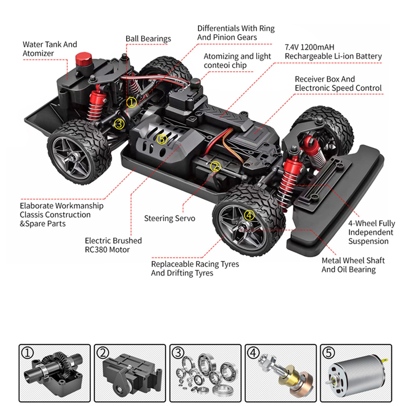 BuyWeek Samochód zdalnie sterowany, samochód RC 1:16 2,4 GHz 4WD 36 km/h RC Drift Car z urządzeniem natryskowym LED od ponad 14 lat