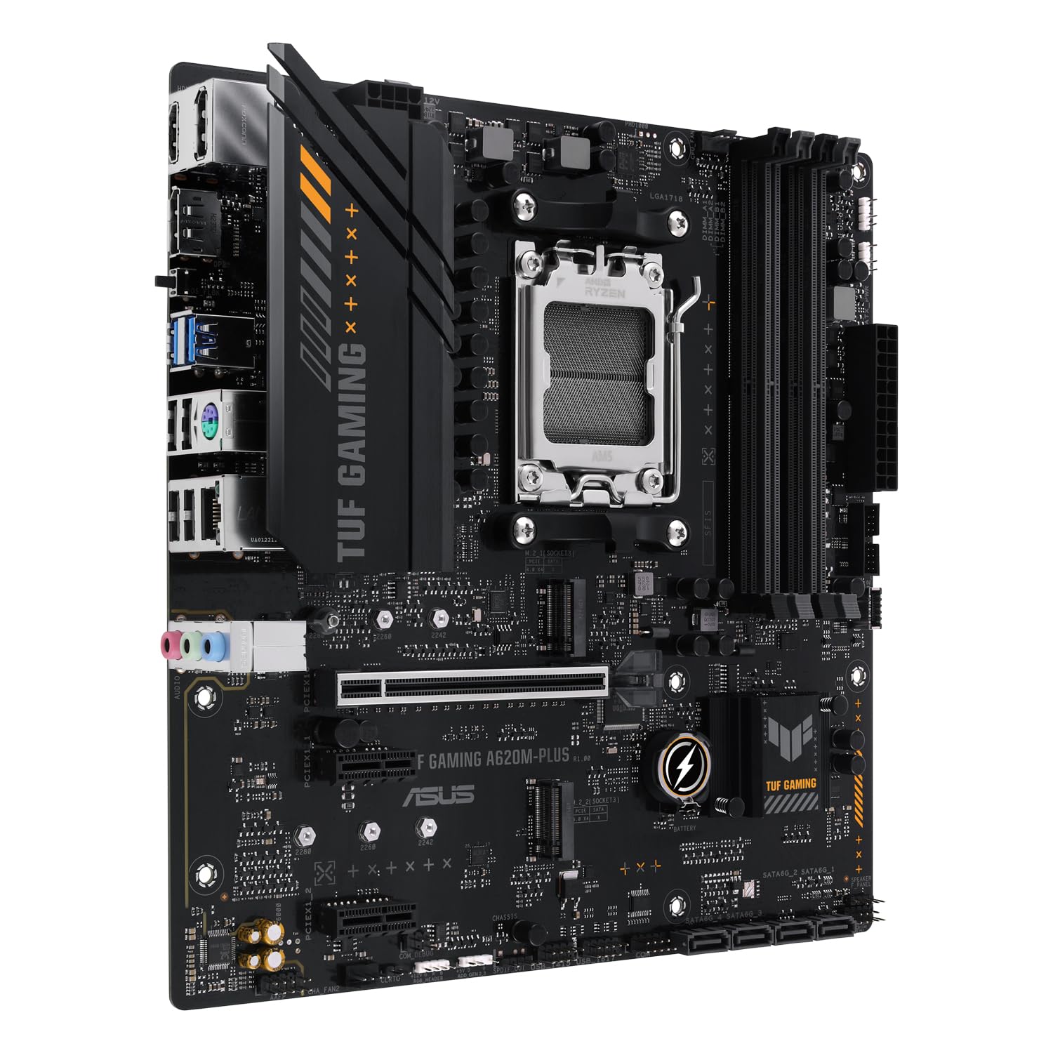 ASUS TUF Gaming A620M-PLUS Placa Base Micro-ATX AMD A620 (2.5Gb Ethernet, 2 x DisplayPort, HDMI, USB 3.2 Gen 1, USB 3.2 Gen 1 Type-C Frontal, BIOS Flashback, cancelación de Ruido, Arua Sync), Negro
