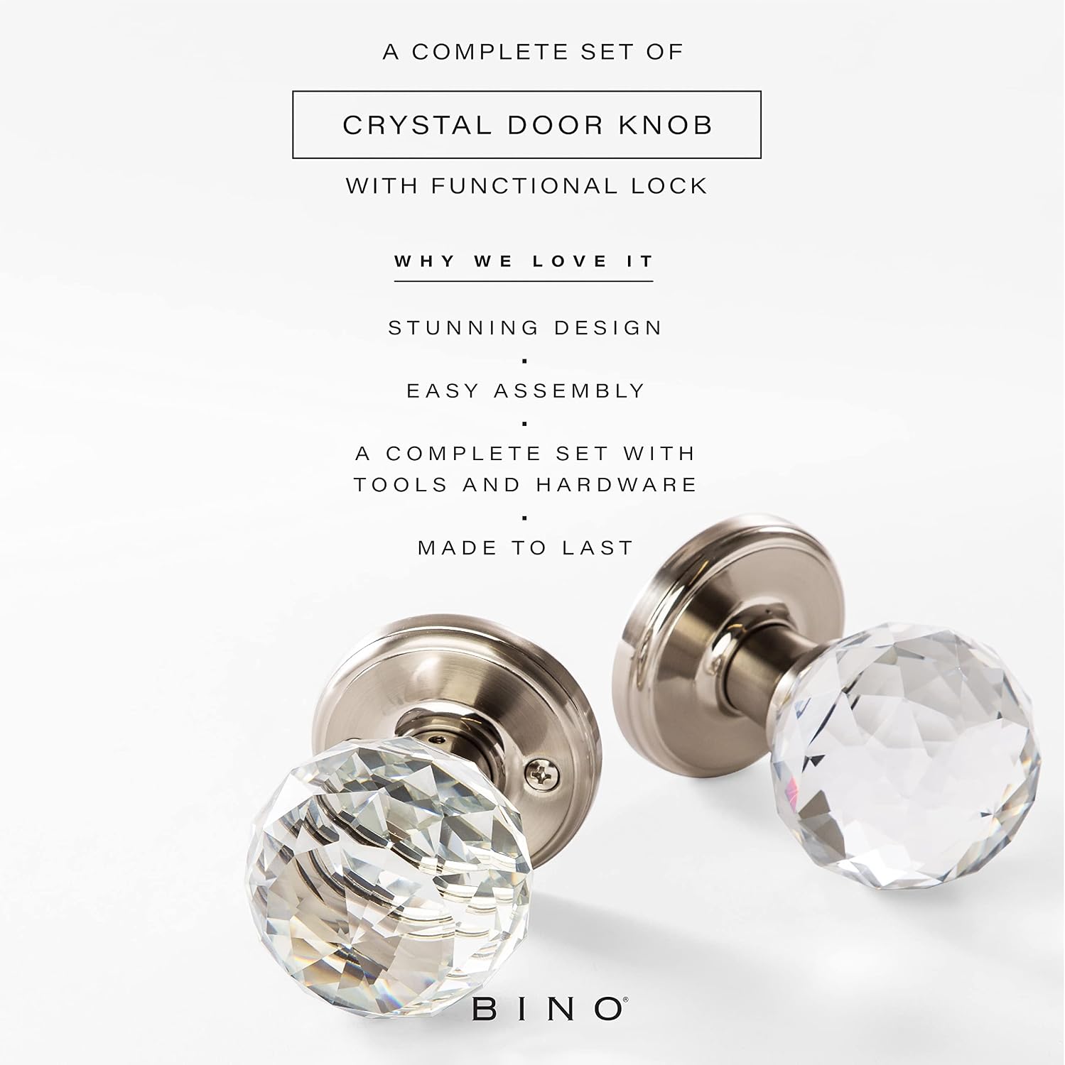 BINO Crystal Functional Interior Door Knobs Set - Satin Nickel - Crystal Door Knobs Interior Crystal Knobs Door Knob