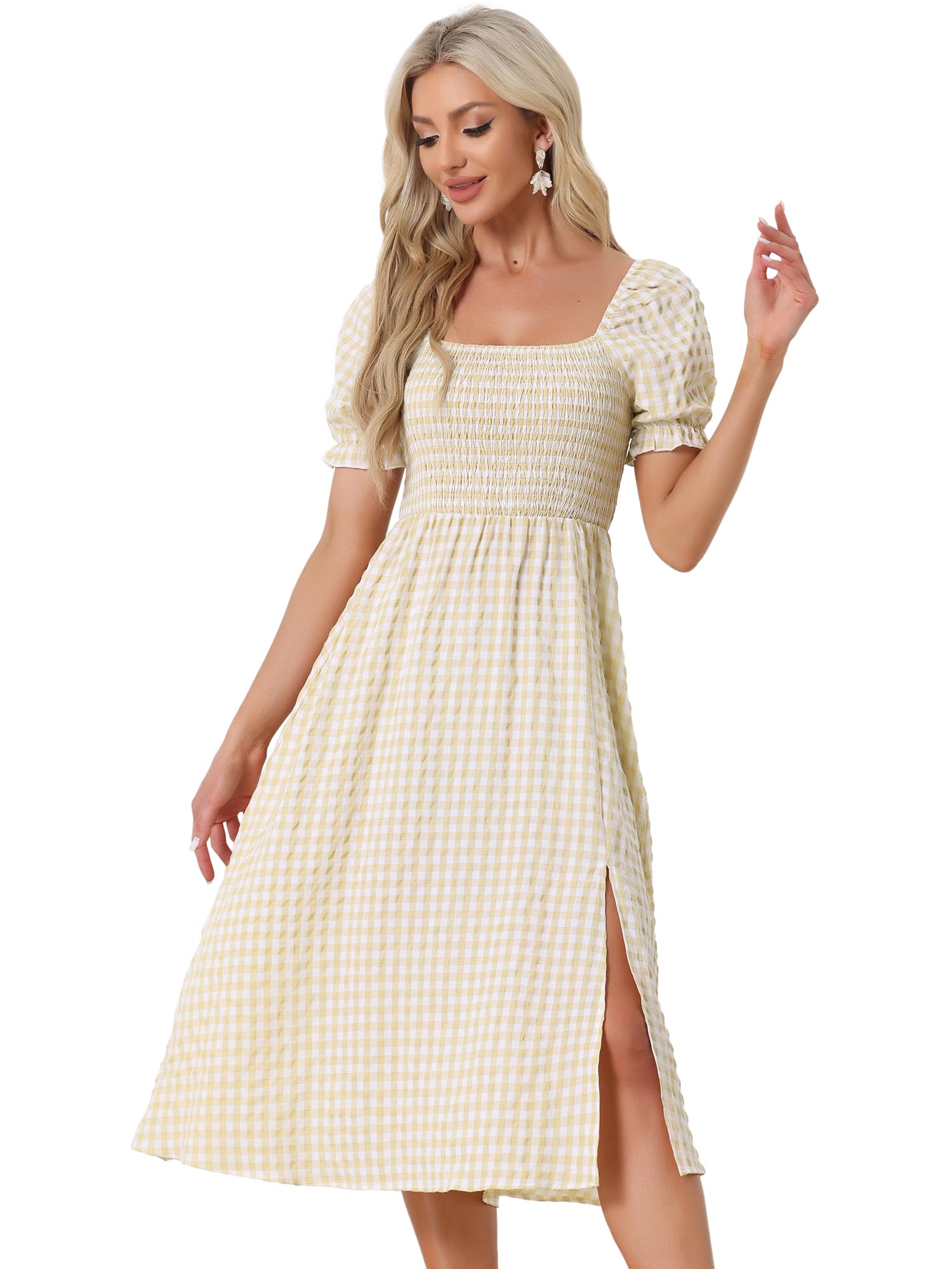 Allegra K Gingham Dress for Women's Peasant Smocked Puff Sleeve Checkered Fit and Flare Midi Dresses