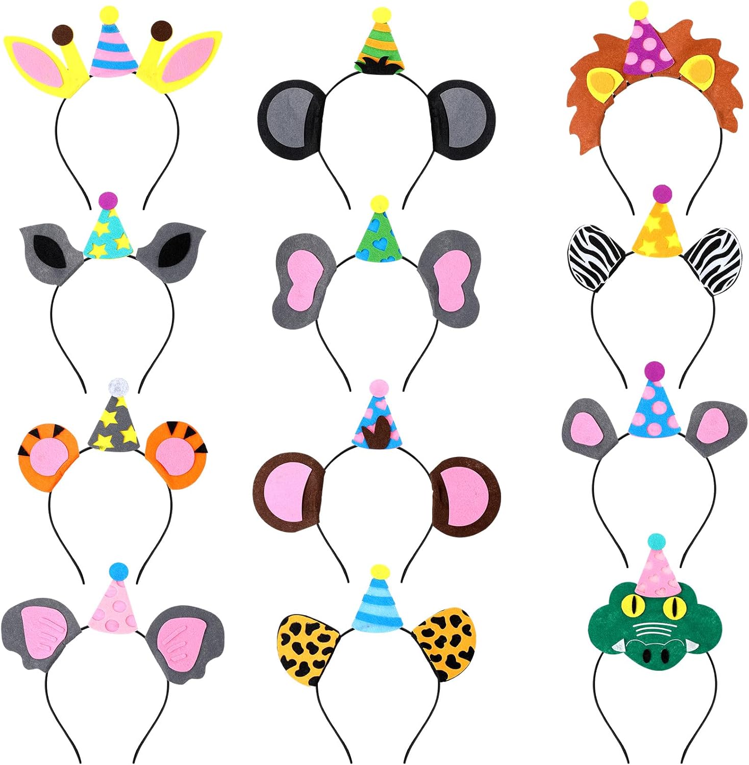Giegxin 24 Pcs Birthday Jungle Animals Ears Headbands Safari Zoo Party Felt Headbands for Women Men Hair Hoops Photo Booth Props Party Favors and Decorations