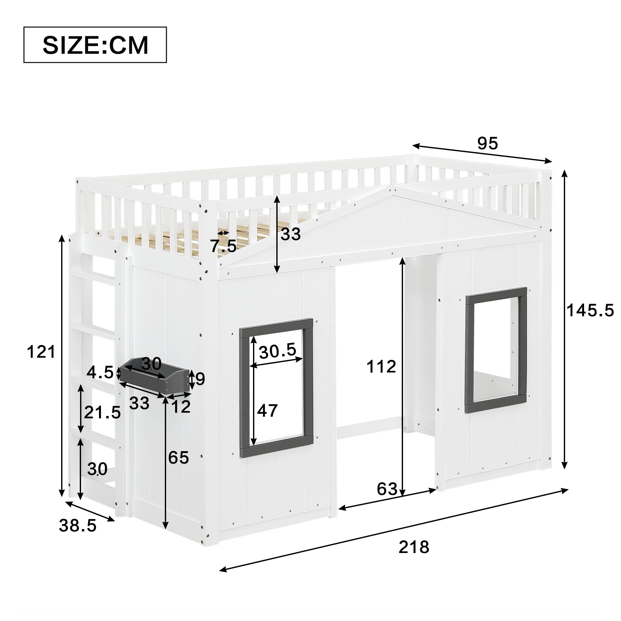 Kinderbett Etagenbett 90x200, Hausbett Hochbett mit Fenster & Regal, Bettgestell mit Rausfallschutz und Lattenrost, Funktionsbett Stockbett Spielbett Jugendhochbett, Kiefernholz, Ohne Matratze, Weiß