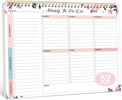Bloc de notas semanal Bloc de notas de lista de tareas pendientes con 52 hojas sin fecha (8.5 x 11 pulgadas) Planificador semanal de escritorio