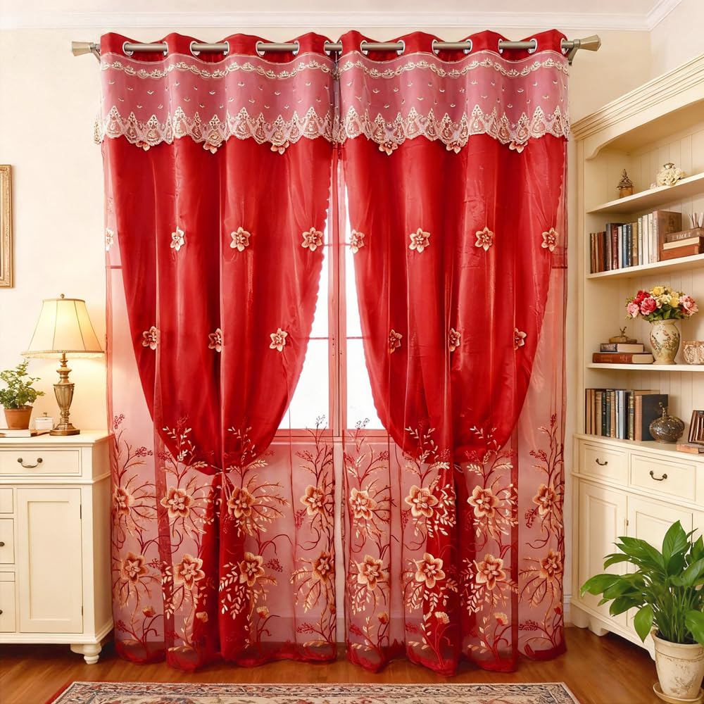Amidoudou 1 Pair European Double Layer Curtains for Living Room Bedroom Luxury Flower Embroidered Curtains with Valance (Red,52x102 Inch)