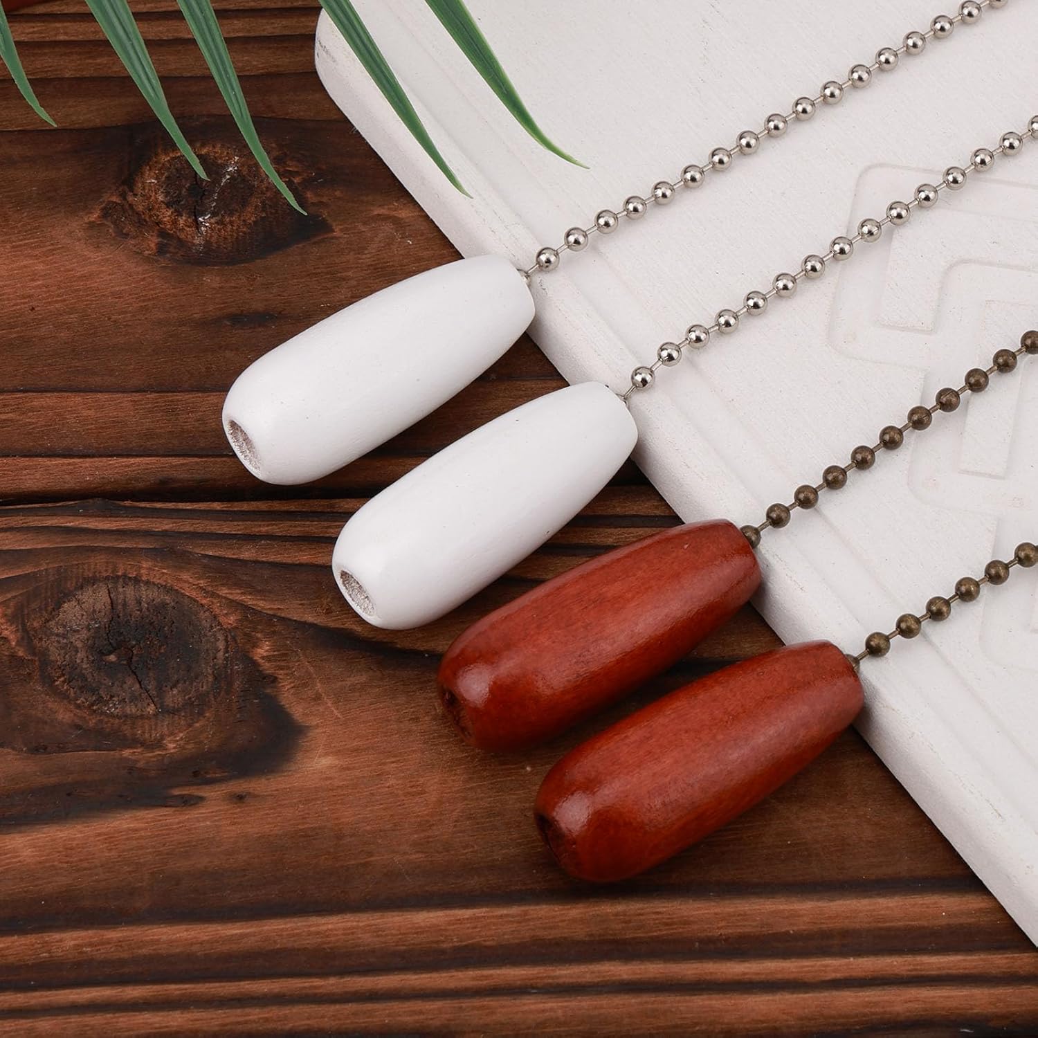 4pcs Ceiling Fan Pull Chain Extenders, 13 Inch Wooden Beaded Balls Light Pull Chain Extension Pendants for Ceiling Fan Cord Light Fixtures and Lamp Decor (White+Brown)
