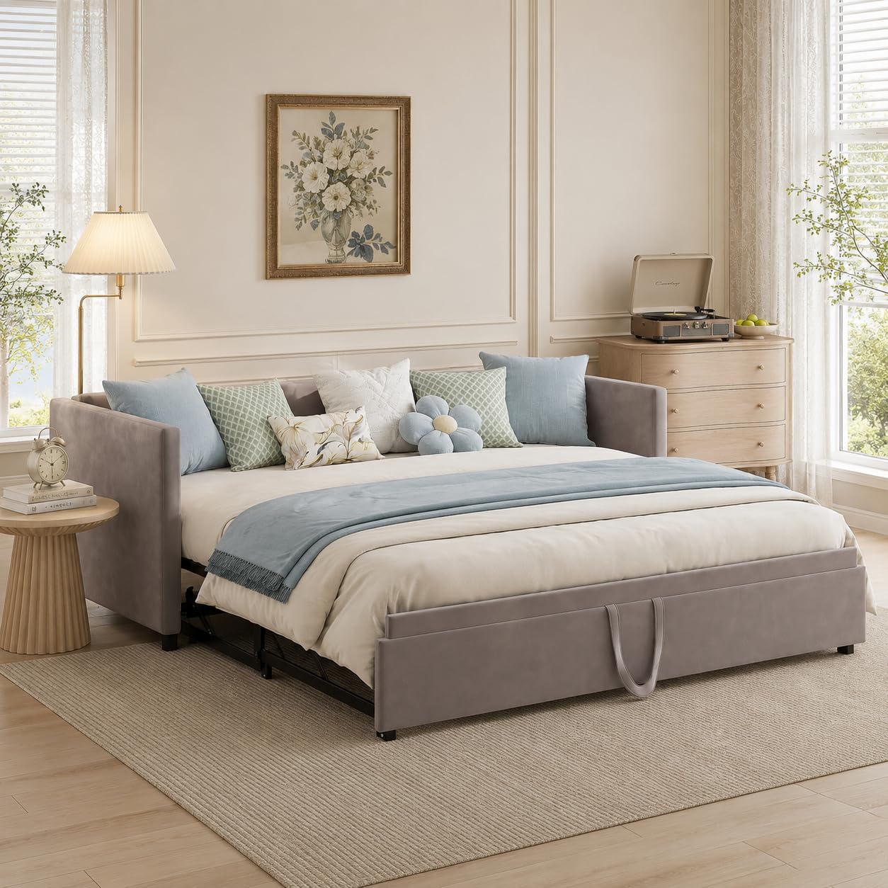 Gepolstertes Schlafsofa 90/180x200 cm, Tagesbett Ausziehbar mit Schlaffunktion, Bett Ausziehbar zum Doppelbett, Ausziehbett mit Lattenrost, Multifunktionsbett, Samt, Grau (Grau, 90/180 * 200)