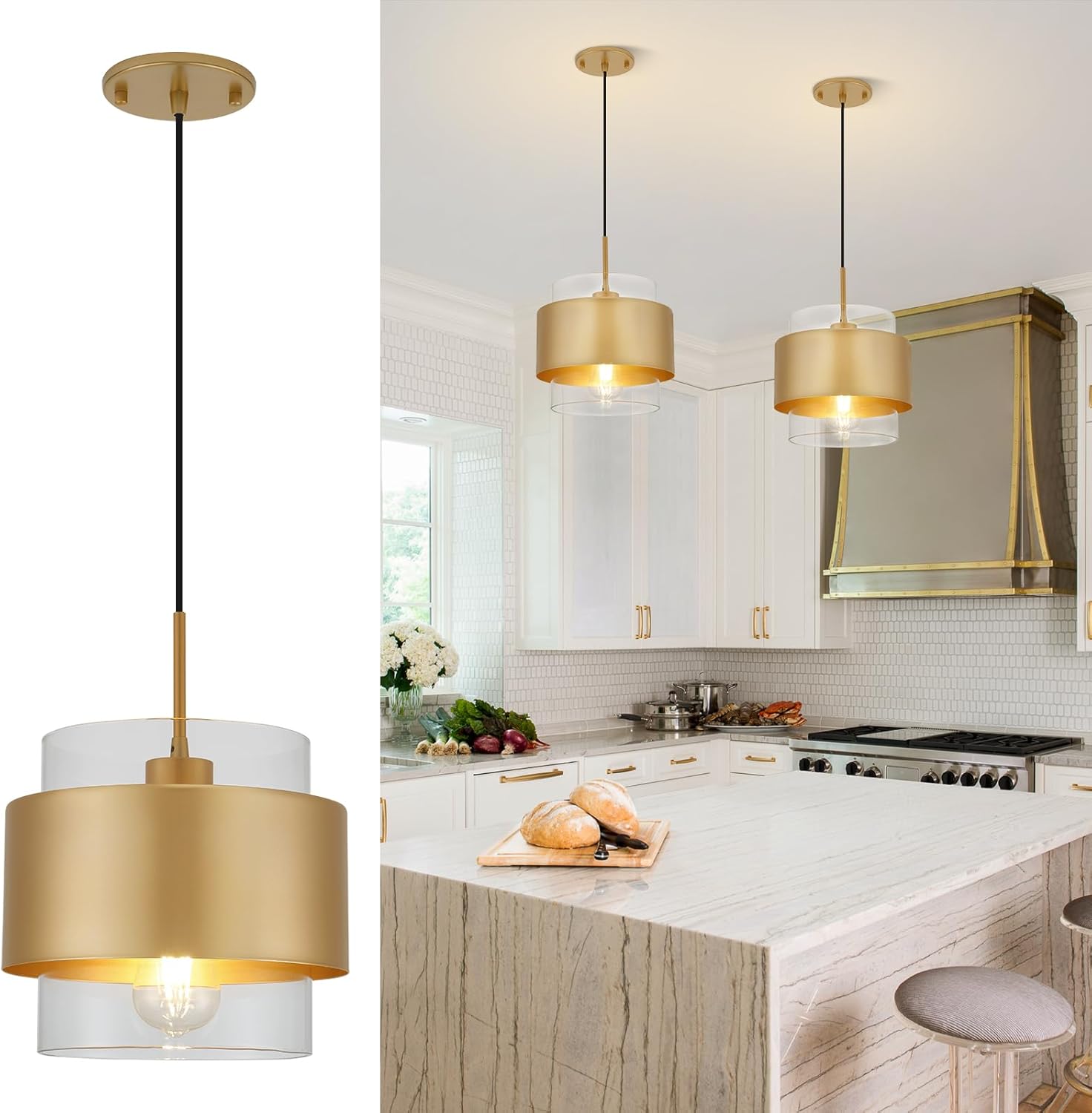Gold Pendant Lights Kitchen Island, Farmhouse Pendant Lighting with Clear Glass Shade, Industrial Hanging Pendant Lights Fixture for Kitchen Island Dining Room Hallway