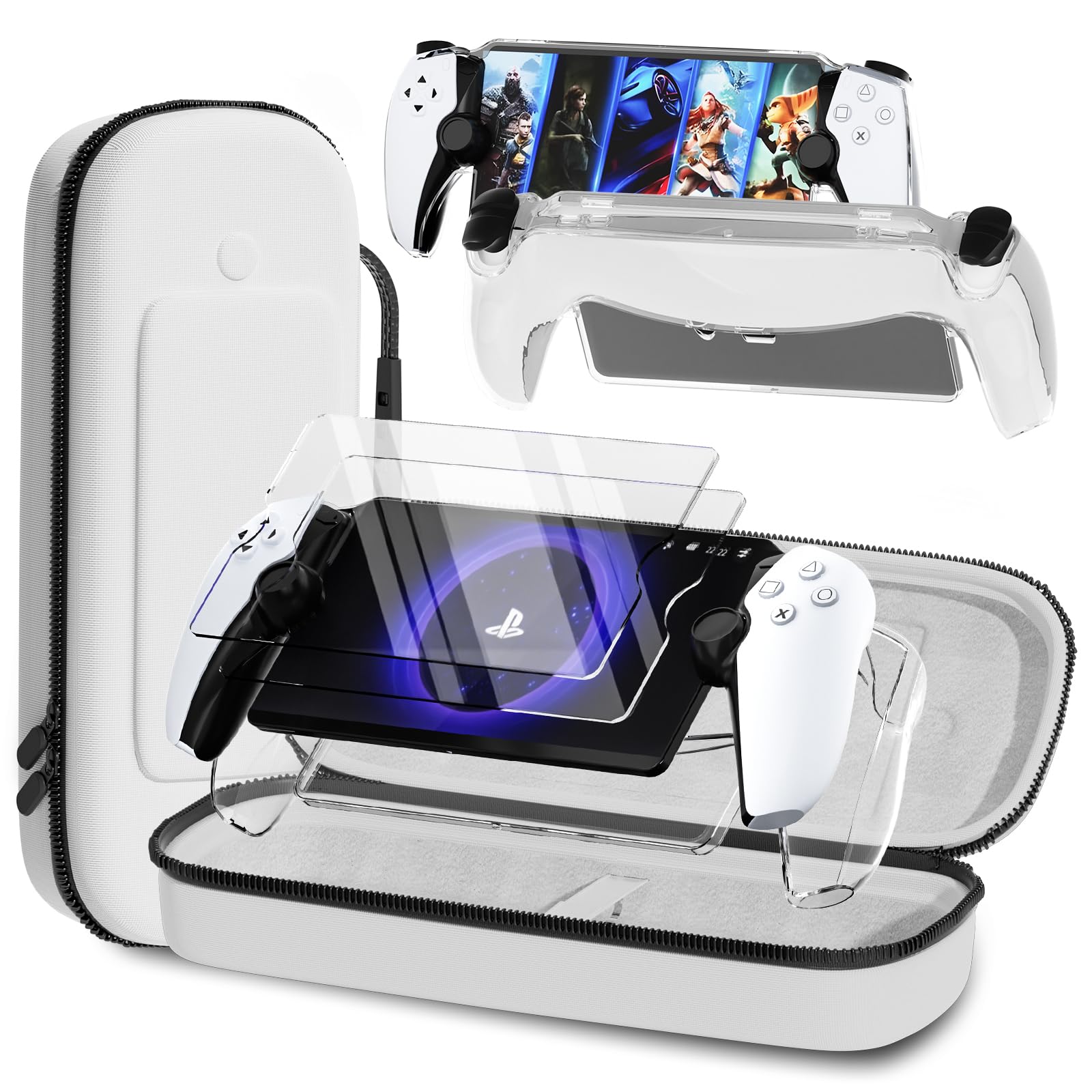 QUAGGY 3-in-1 Accessoris Kit Compatible with Playstation Portal, EVA Carrying Case for PS Portal with Clear Skin Protective Cover, 2 Pack Screen Protectors