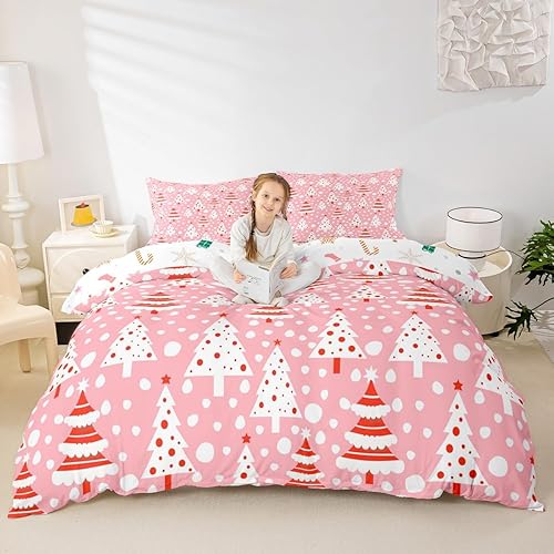 Vista 45 de Juego de funda de edredón rosa de Navidad para niñas, tamaño matrimonial, lindo juego de ropa de cama de dibujos animados de pingüino de Papá Noel