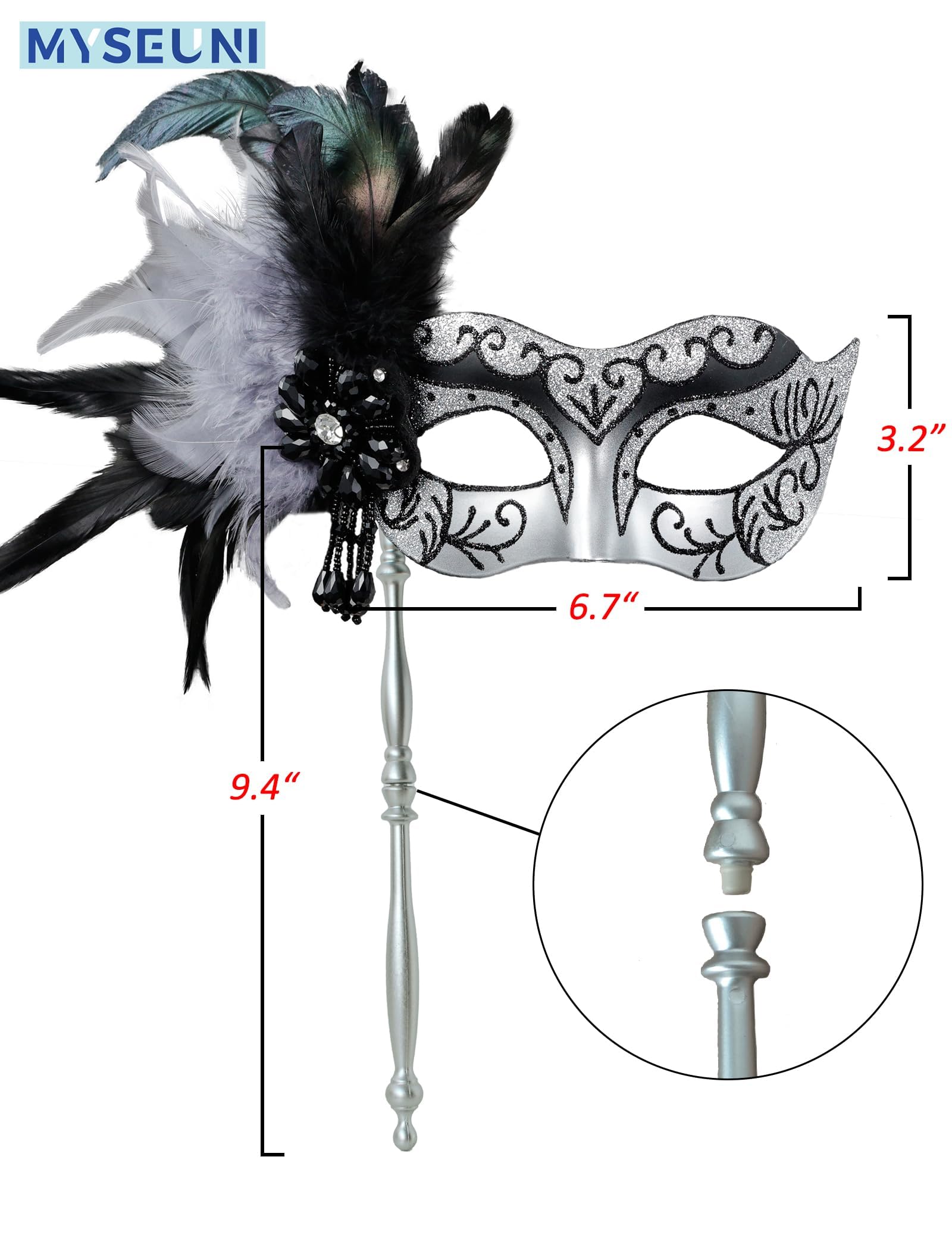 MYSEUNI Silver Masquerade Mask with Stick - Image 2
