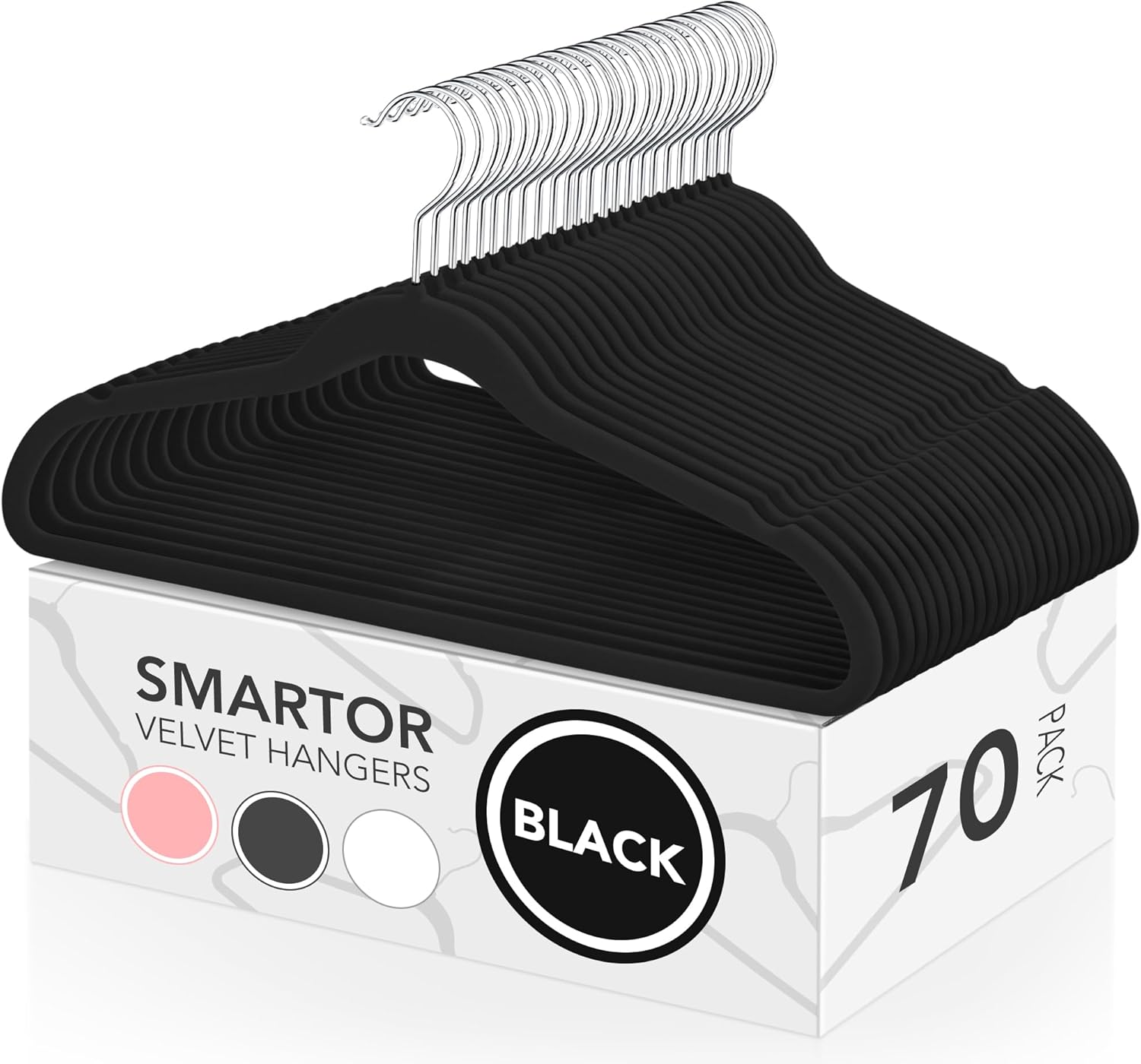 Smartor Velvet Hangers 70 Pack, Black Non Slip Clothes Felt Hanger Heavy Duty for Coat, Premium Slim Space Saving Hangers for Closet Organizer and Storage, 360° Rotating Silver Hook