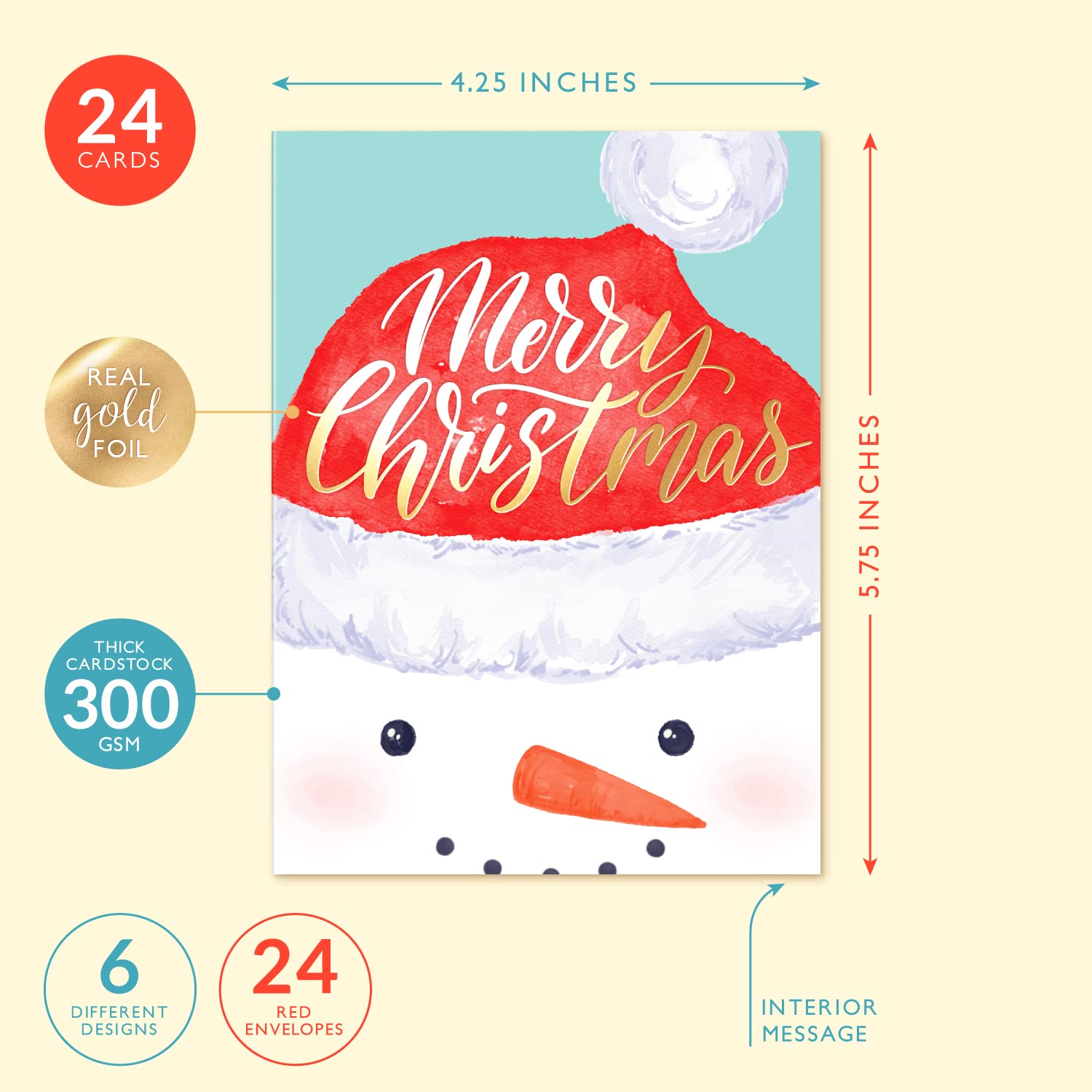 SWEETZER & ORANGE Christmas Cards Set, 24 Gold Foil Holiday sheets with Decor Red Envelopes - Image 2