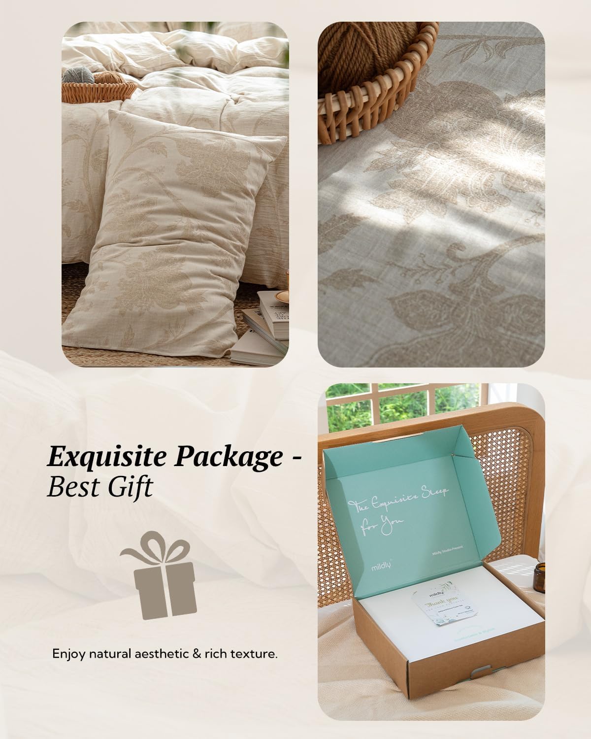 MILDLY Linen Cotton Duvet Cover - Jacquard Textured Botanical Comforter Cover Set 3pcs with Zipper Closure Breathable & Minimalist for All Season