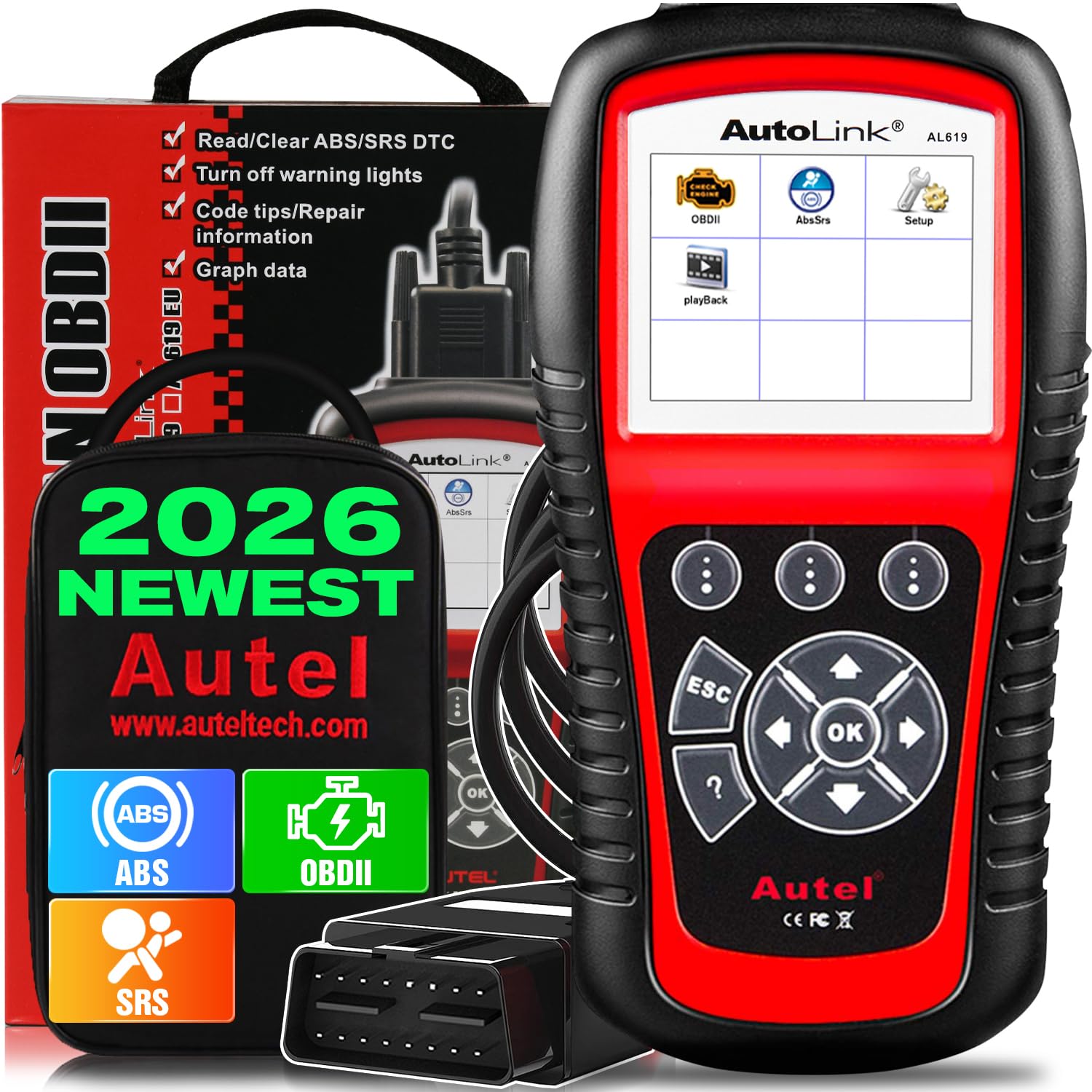 AutoLink AL619 ABS SRS OBD2 Scanner, 2026 Autel Diagnostic Scan Tool with ABS Airbag Warning Lights Reset, Code Reader with Enhanced 10 Test Modes, Upgarded Ver. of ML619/ AL519/ AL319
