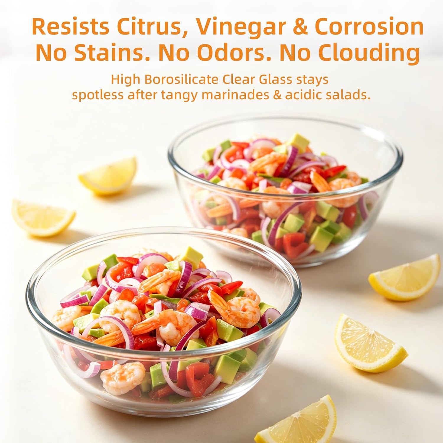 Ceviche Bowls, 16.9 oz Clear High Borosilicate Glass Serving Bowls, Acid Resistant for Lime Marinated Seafood, Shrimp Cocktails & Cold Appetizers, 2 Pack