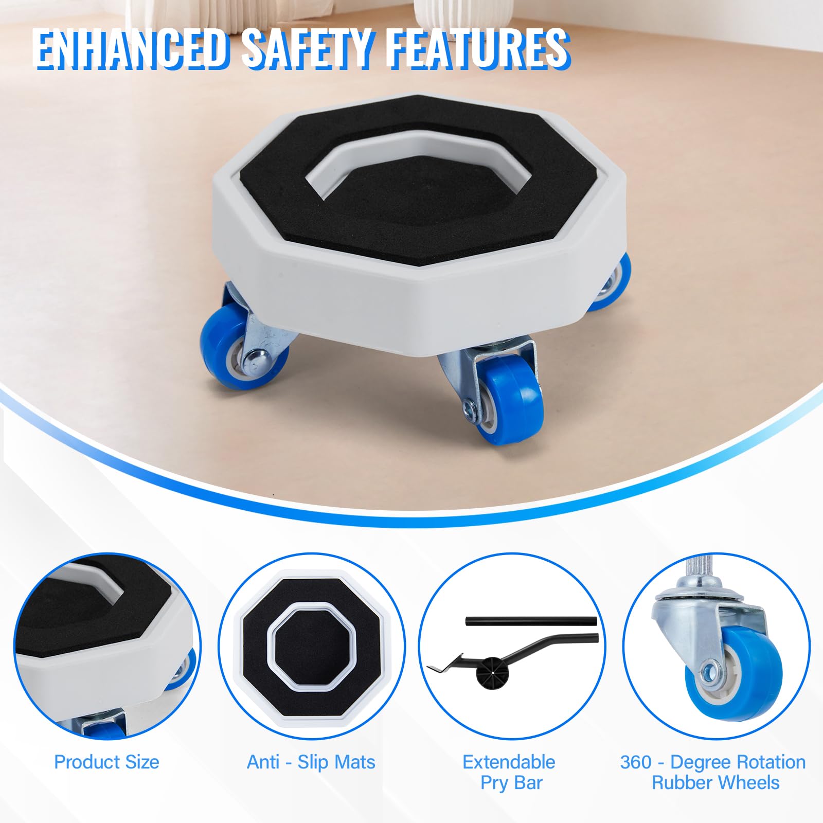 Set di 4 cursori per mobili, sistema di movimentazione per mobili con carrello a rullo, set di attrezzi per il movimento; set 750LBS- 4 cursori esagonali con 4 ruote blu e asta mobile