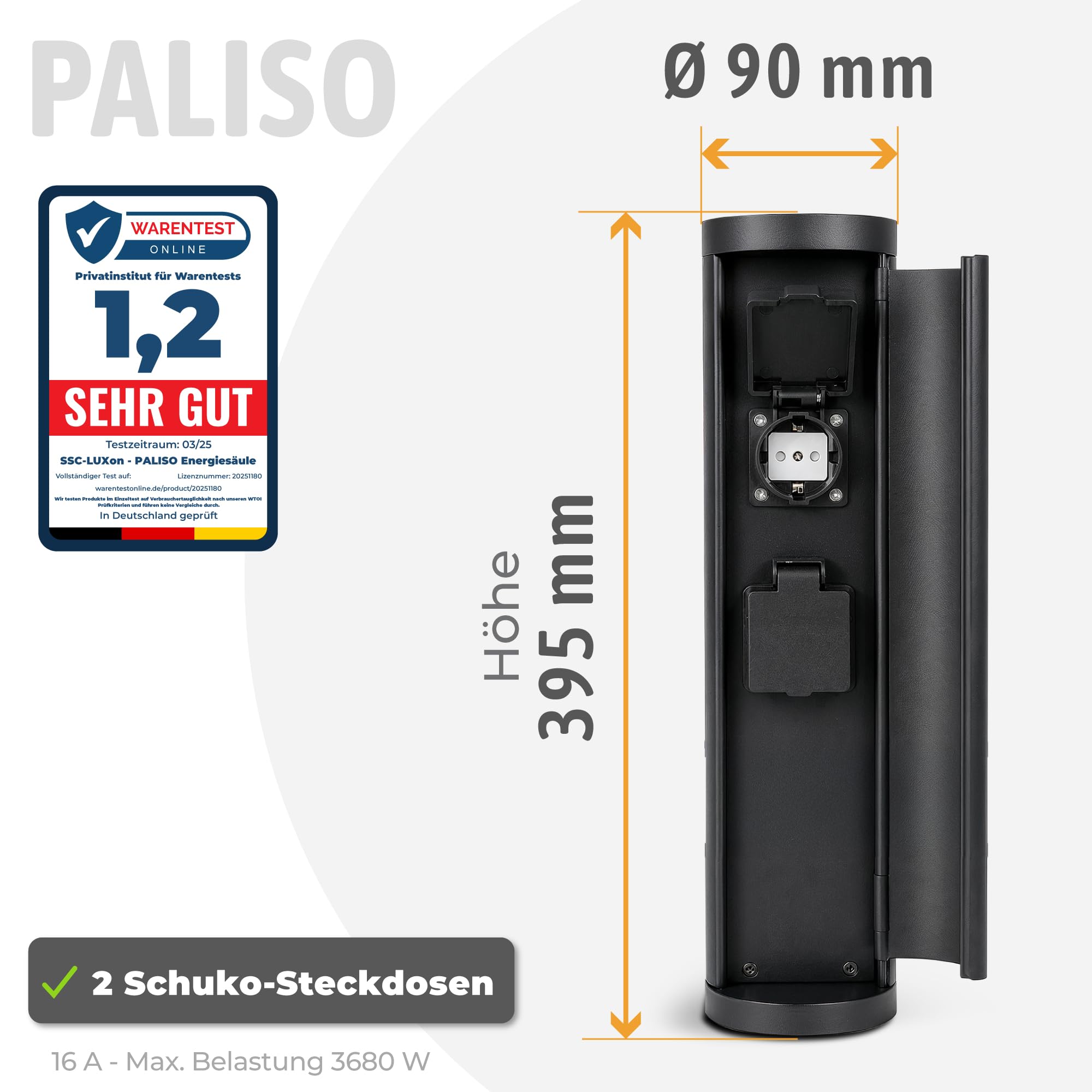 SSC-LUXon PALISO Design - Colonna di prese con 2 prese per giardino ed esterno, colonna di alimentazione con porta, colore: nero, IP44, altezza 39,5 cm