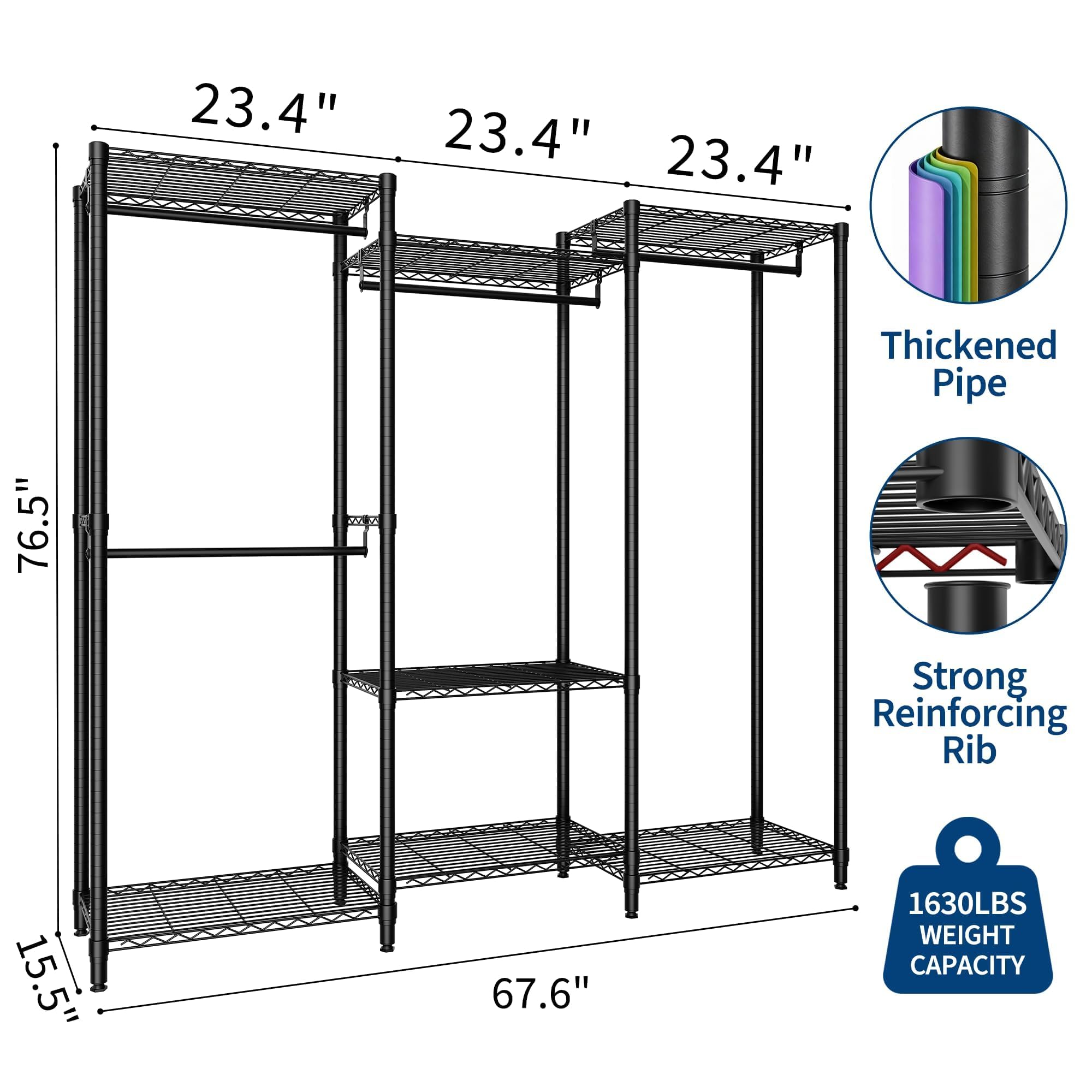 Perchero de Ropa, Perchero Resistente Profesional, Armario Vestidor con 3 Combinaciones Niveles 2×3×2, Vestidor para Dormitorio de Adulto, Negro 180×40×194,2cm