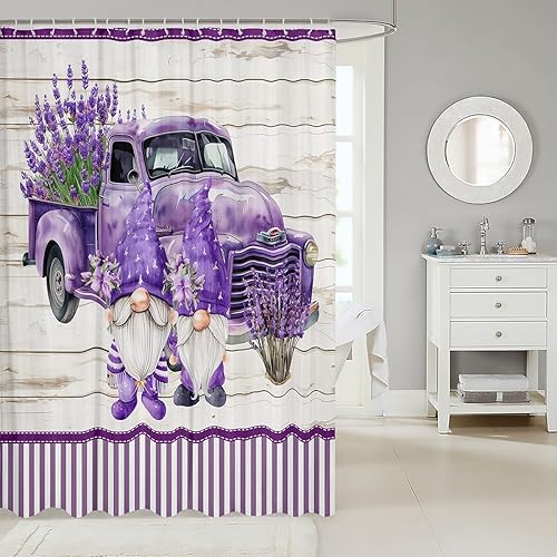 Miniatura 2 de Juego de cortina de ducha de camión morado lavanda para niños y adultos, cortina de baño rústica de granja, paneles de madera blanca, cortinas