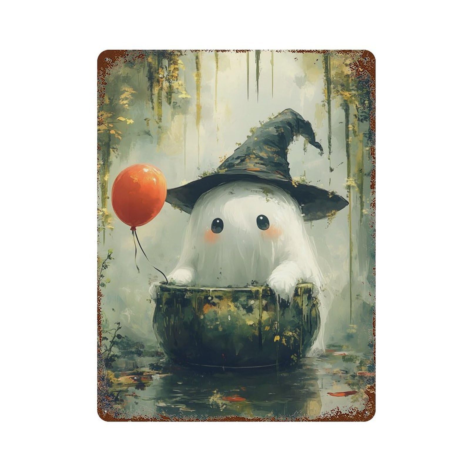 Cute Ghost in A Cauldron Rustic Tin Plaque 15.7"x11.8", for Shed, Workshop And Garage Wall Decor, Rustic Home Decor