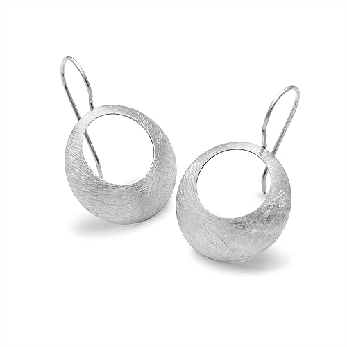 Handmade Sterling Silver Women Modern Retro Style 60s Dangle Drop Hook Earrings, Diamond Cut Brushed Finish, 1.5 inches long