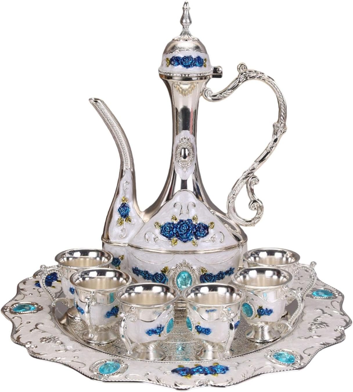 Vintage Turkish Coffee Pot Set Metal Wine Glass Jug Set Beverage Drinkware Tea Serving Set for Living Room Home Wedding, Gold(Blue)