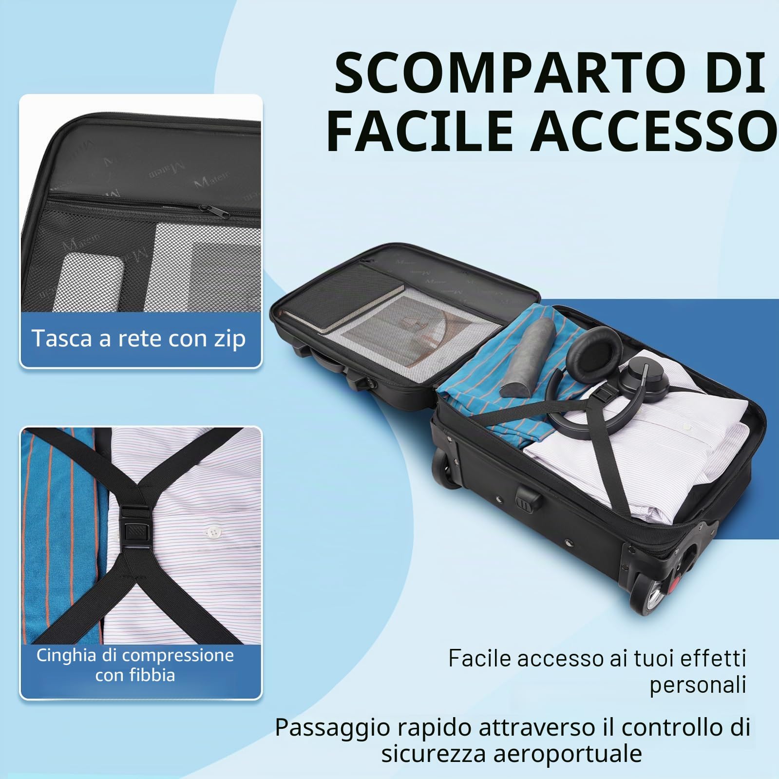 MATEIN Trolley Porta PC con Ruote 17.3 Pollici, Grande Borsa per Laptop con 2 Route per Uomo Donna, Impermeabile Pilotina Trolley, Valigetta con Rotelle per Viaggio Ufficio Lavoro Scuola, Nero