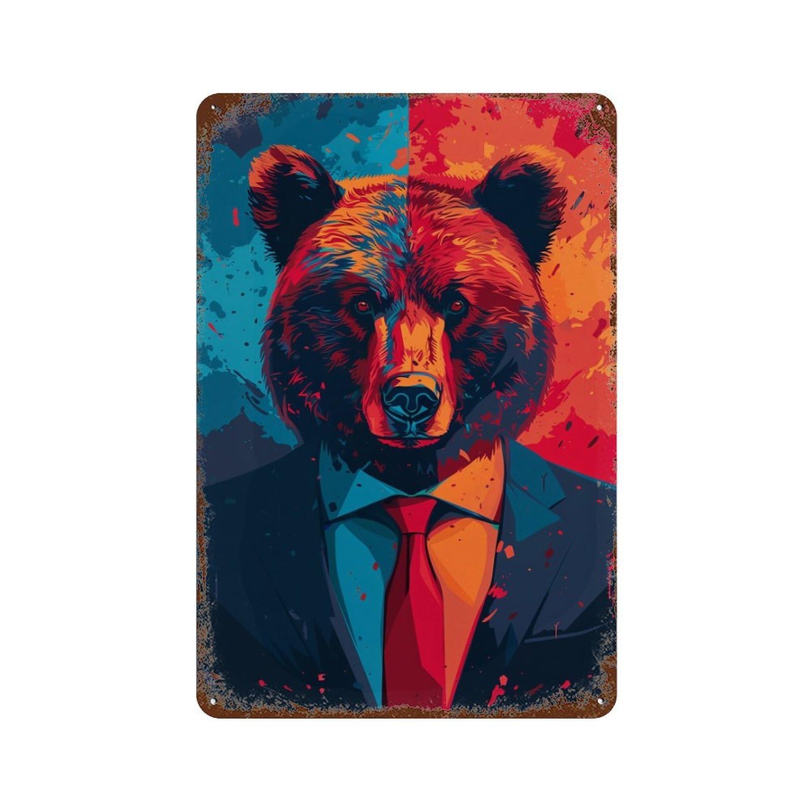 Rust Effect Amazon Bear in Suit Rustic Tin Plaque 11.8"x7.9", Old School Wall Decor for Shed, Workshop And Garage Wall Decor