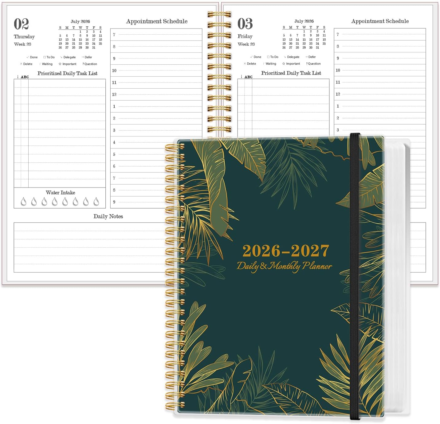 Daily Planner 2026-2027 - Full Page Per Day, July 2026 to June 2026, 2026-2027 Daily Planner with Spiral Bound, Inner Pocket, Perfect for School Office Supplies, 7'' x 10'', Green Gold Leaf