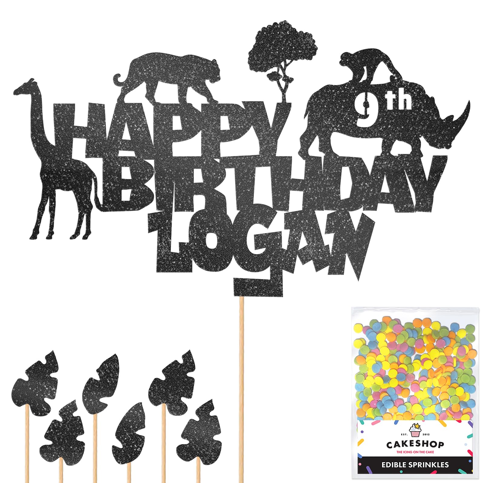 Personalised Jungle Animals Glitter Cake Topper- Black Any Custom Age & Name Glitter Cake Decoration and Sprinkles - Happy Birthday Decorations - Personalised Toppers for Cakes by Cakeshop — image 1