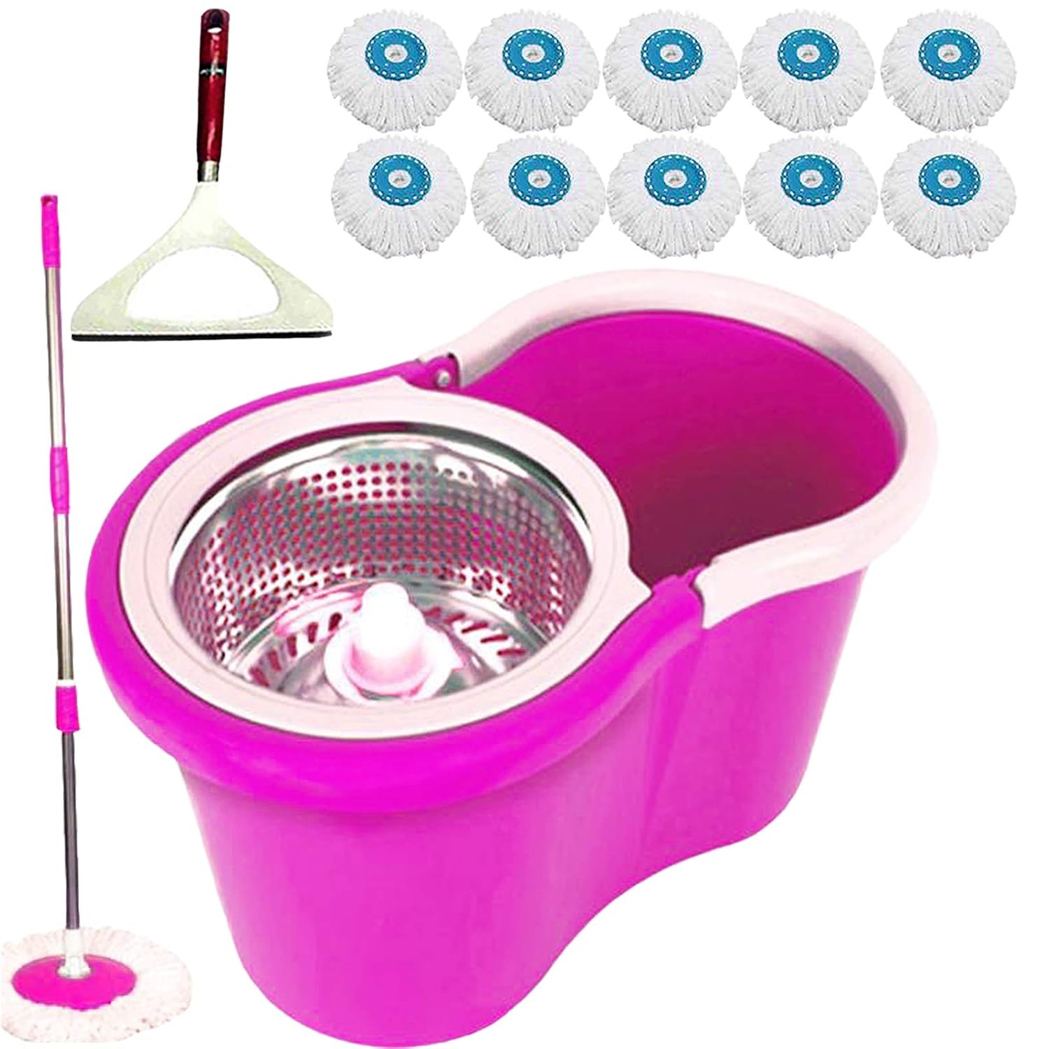V Mop Plastic Bucket Mop With Steel Rod, Glass Wiper & Refill (Assorted Color, 13pieces