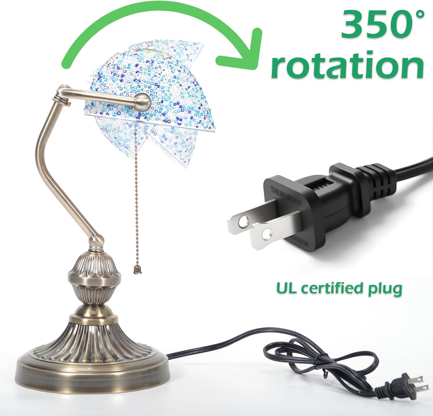 Glass Bankers Desk Lamp, Turkish Mosaic Lamp, Vintage Table Lamp with Brass Base, Classic Desk Light for Office & Study, E26 Bulb Compatible