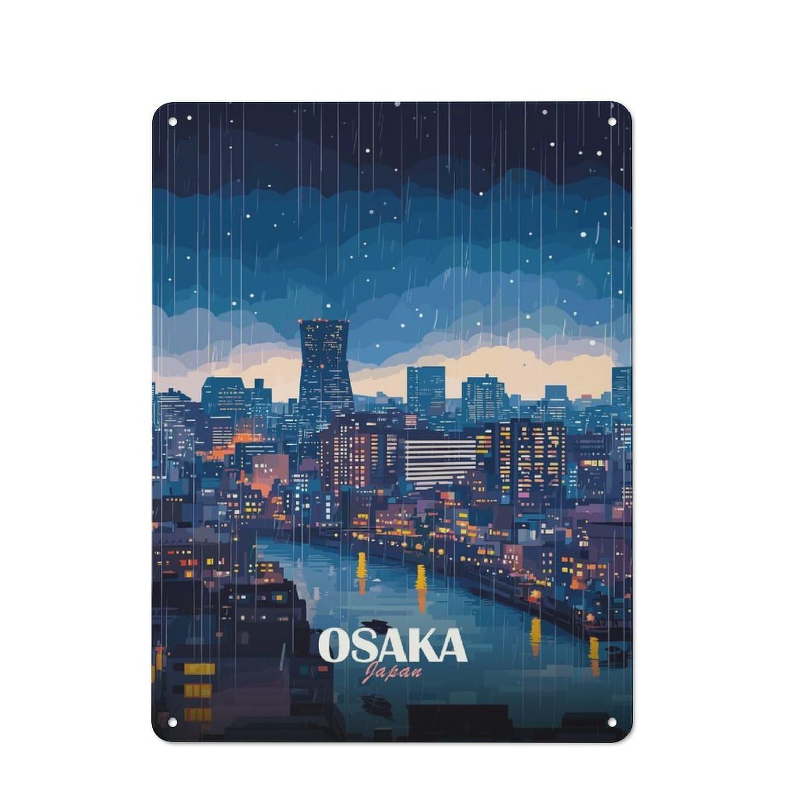 Junmoney Style-24 Workshop Style Osaka Japan Rainy Night Cityscape Decorative Metal Plaque 40X30cm, Shed Wall Plaque For Tool Room, Garage, Studio Or Home Bar
