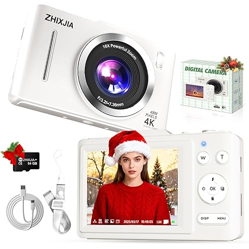 Digital Camera, Full HD 4K Digita Point and Shoot Camera Portable Compact and for 16X Zoom, Autofocus for Photography with 64GB Card, Anti-Shake, for Beginners, Boys Girls Kids, White