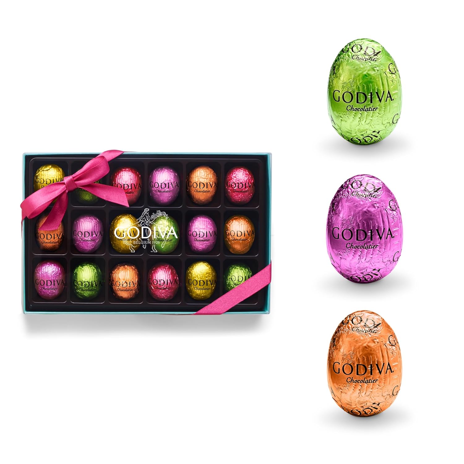 Godiva Chocolate Easter Egg Gift Box, Assorted Milk & Dark Chocolate Mini Eggs, Foil-Wrapped Gourmet Easter Chocolate Gifts, Kosher, 18 Pc
