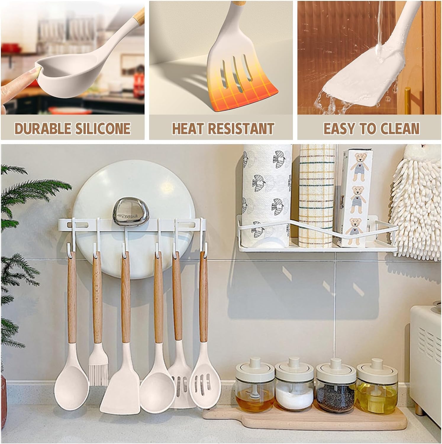 Kochutensilien-Set - Umite Chef khakifarbenes Silikon-Küchenutensilien-Set, 34-teiliges hitzebeständiges Küchenhelfer-Set mit Reibe, Holzgriff, Küchenhelfer-Set für antihaftbeschichtetes Kochgeschirr