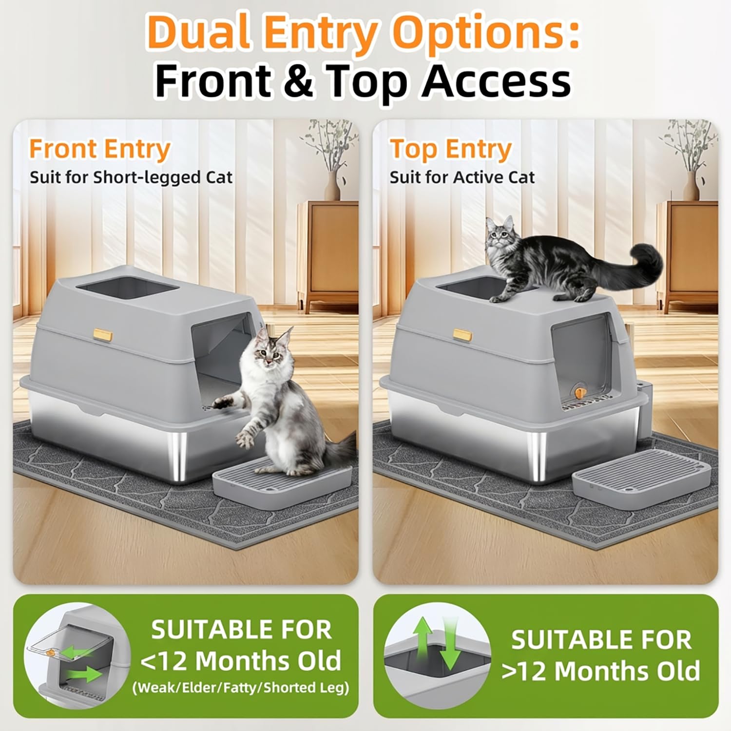 Stainless Steel Litter Box with Lid,Front Entry Top Exit Kitty LitterBox,Extra Large Enclosed Metal Cat Box with Litter Scoop & Litter Mat-Light Gray - image 4
