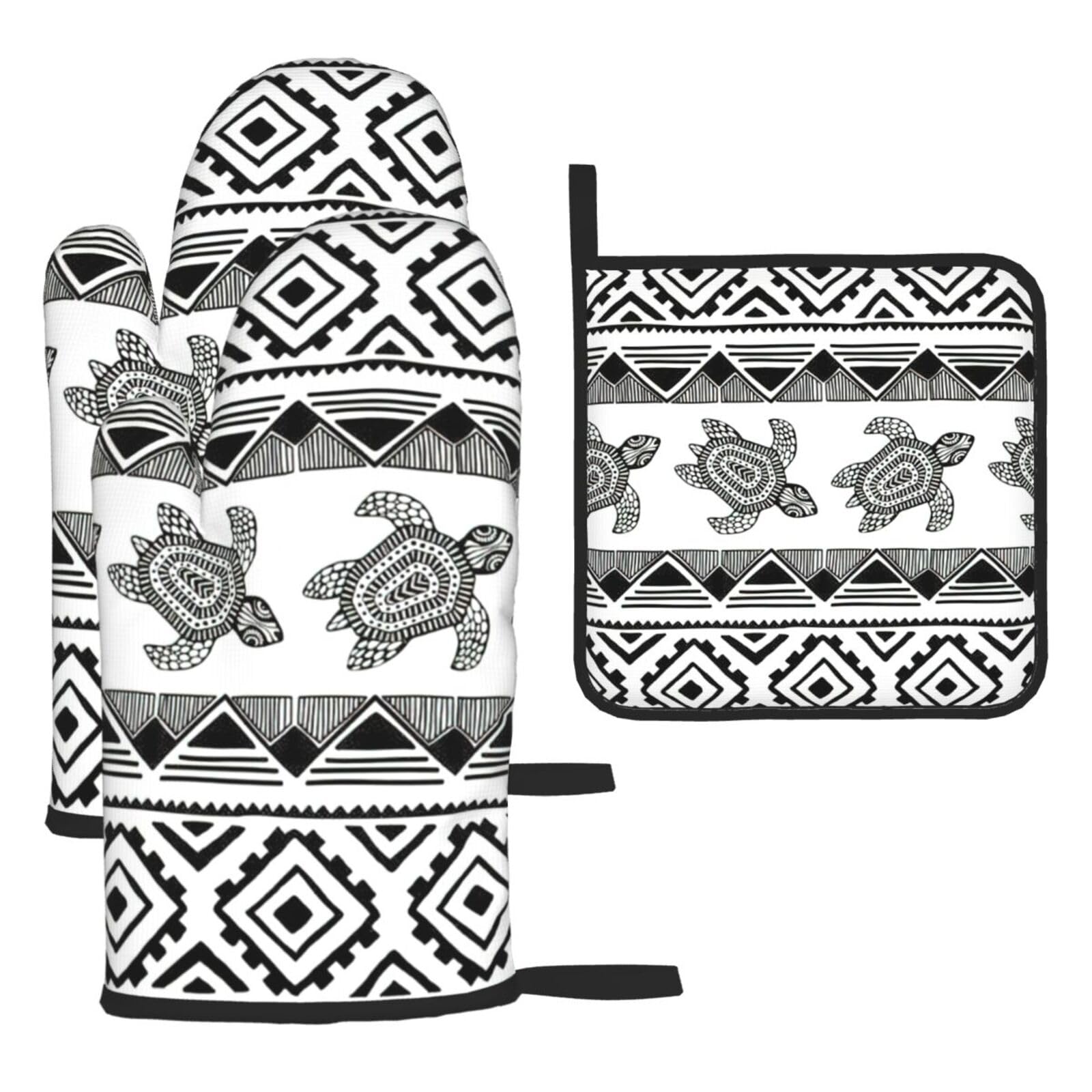 Ethnic Turtle Striped Print Oven Kitchen Gloves For Baking Outdoor Grilling Home Use Mitts Microwaving Bbq