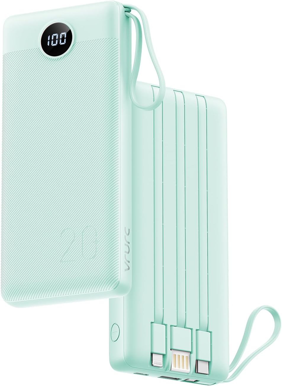 – VRURC Portable Charger with Built in Cords, 22.5W PD & QC 3.0 Fast Charging 20000mAh USB C Power Bank, 4 Output 2 Input LED Display Phone Battery Pack with Cable Compatible with iPhone,Samsung,Tablet