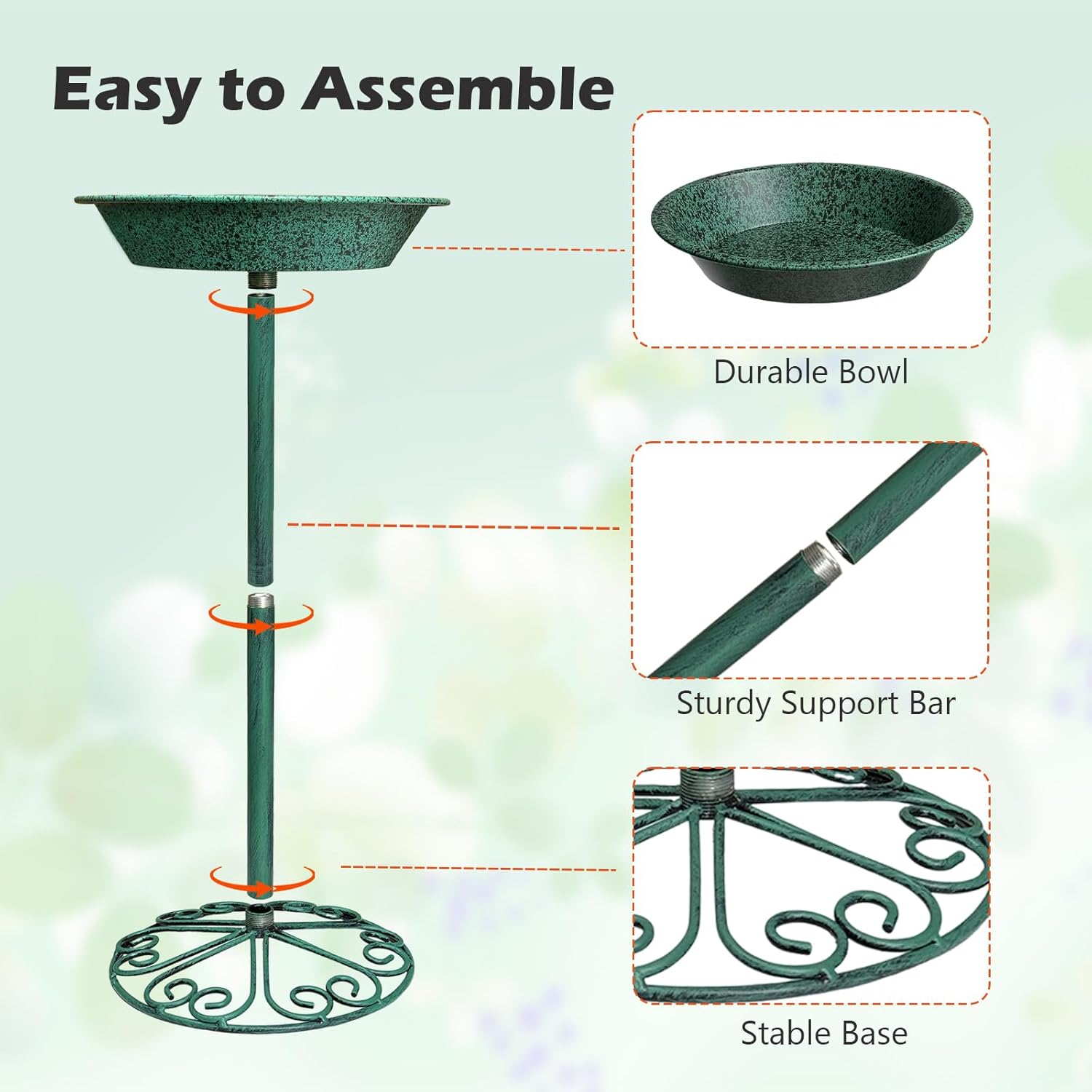 Freestanding Birdbath for Outside, 25.5 inch Height Outdoor Garden Bird Bath, Metal Bird Feeder with Magnetic Dragonfly for Garden Yard Patio Lawn Decor, Green