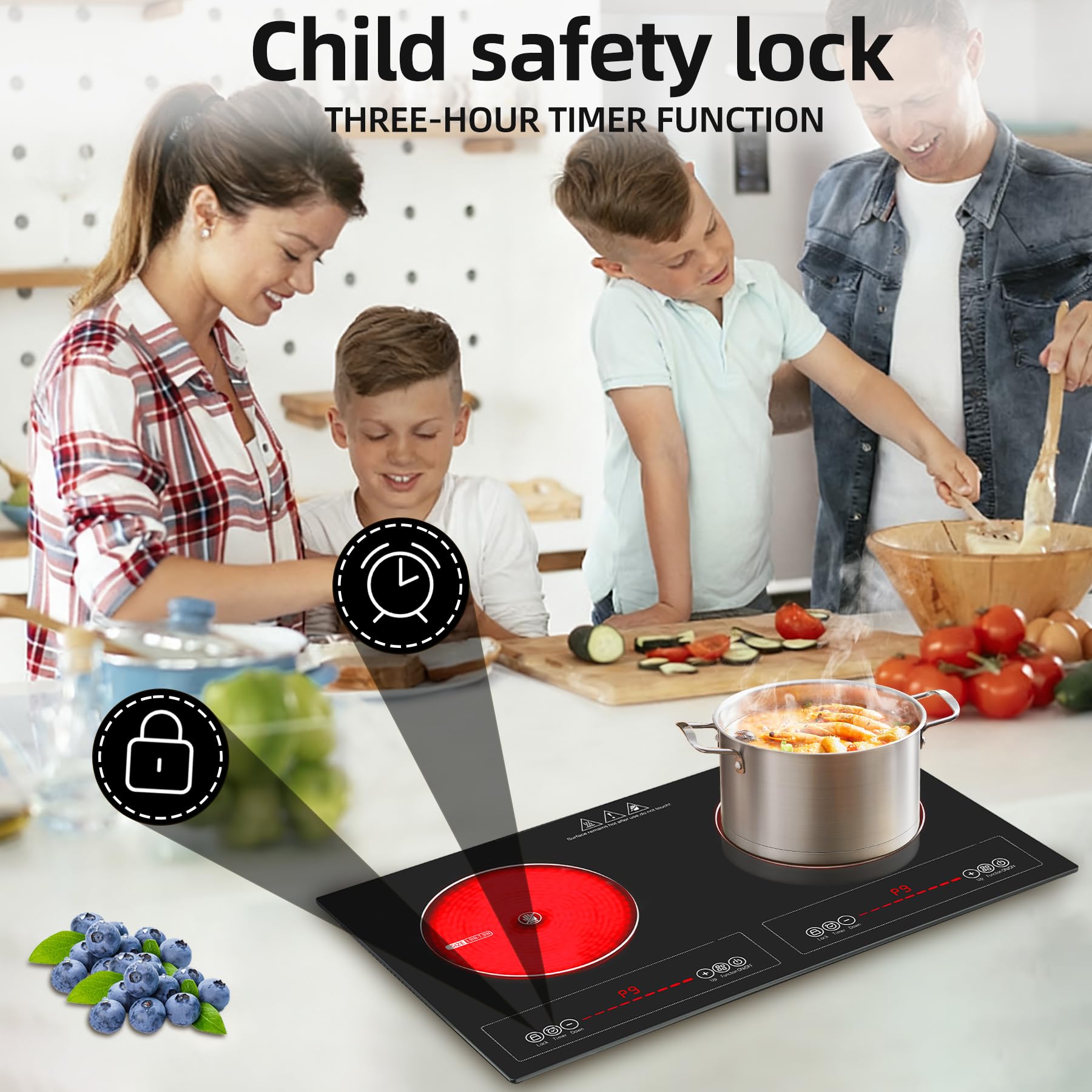 Wesonorous 2 Burner Electric Cooktop,110V 2500W Electric Stove Top with Touch Control,9 Heating Level,Timer & Kid Safety 2 burner cooktop. view 7