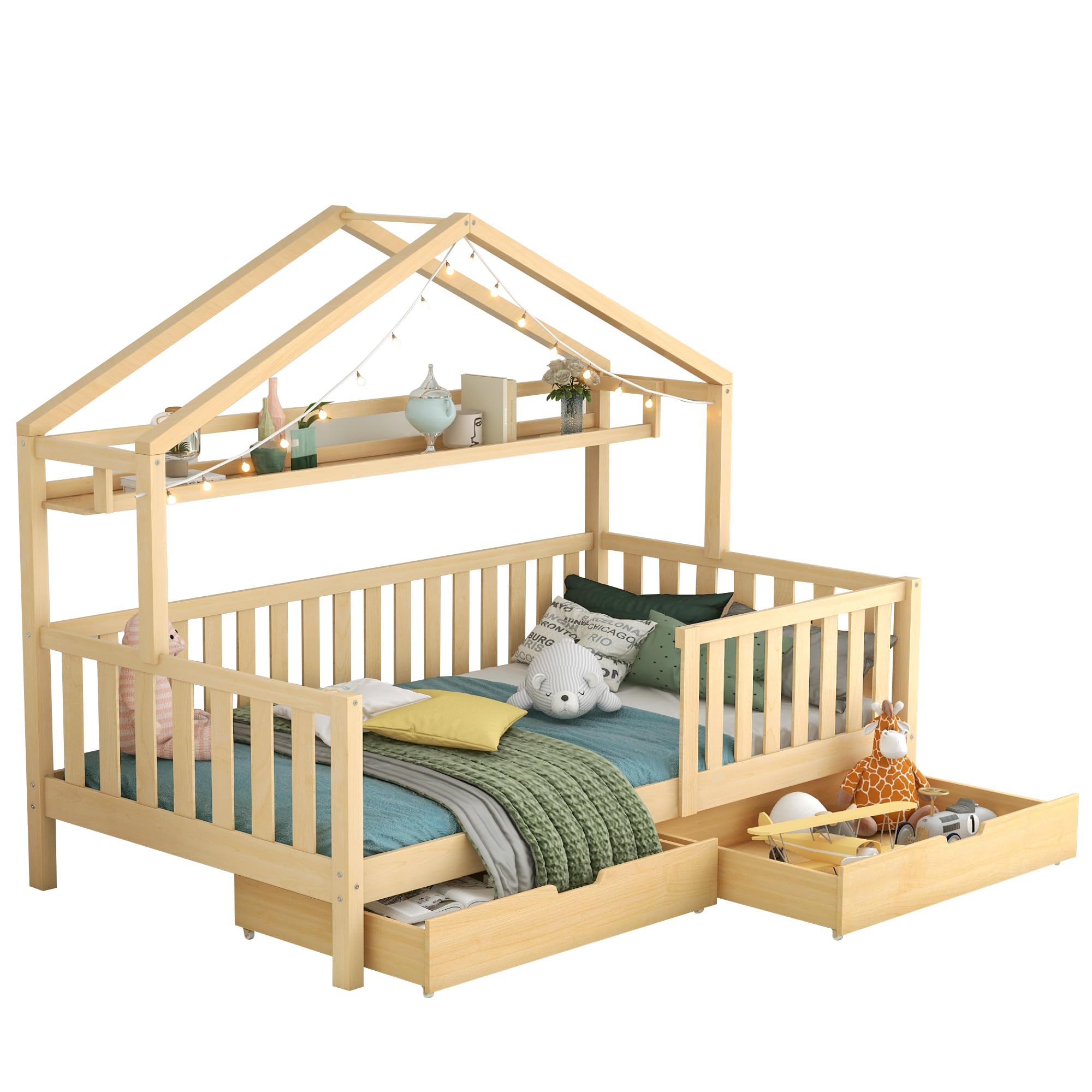 Kinderbett Hausbett 90x200 mit Regalen und 2 Schubladen, Bett mit Rausfallschutz & Lattenrost, Kinder Haus Bett aus Kiefernholz Jugendbett Bettgestell für Jungen & Mädchen, Ohne Matratze, Natur