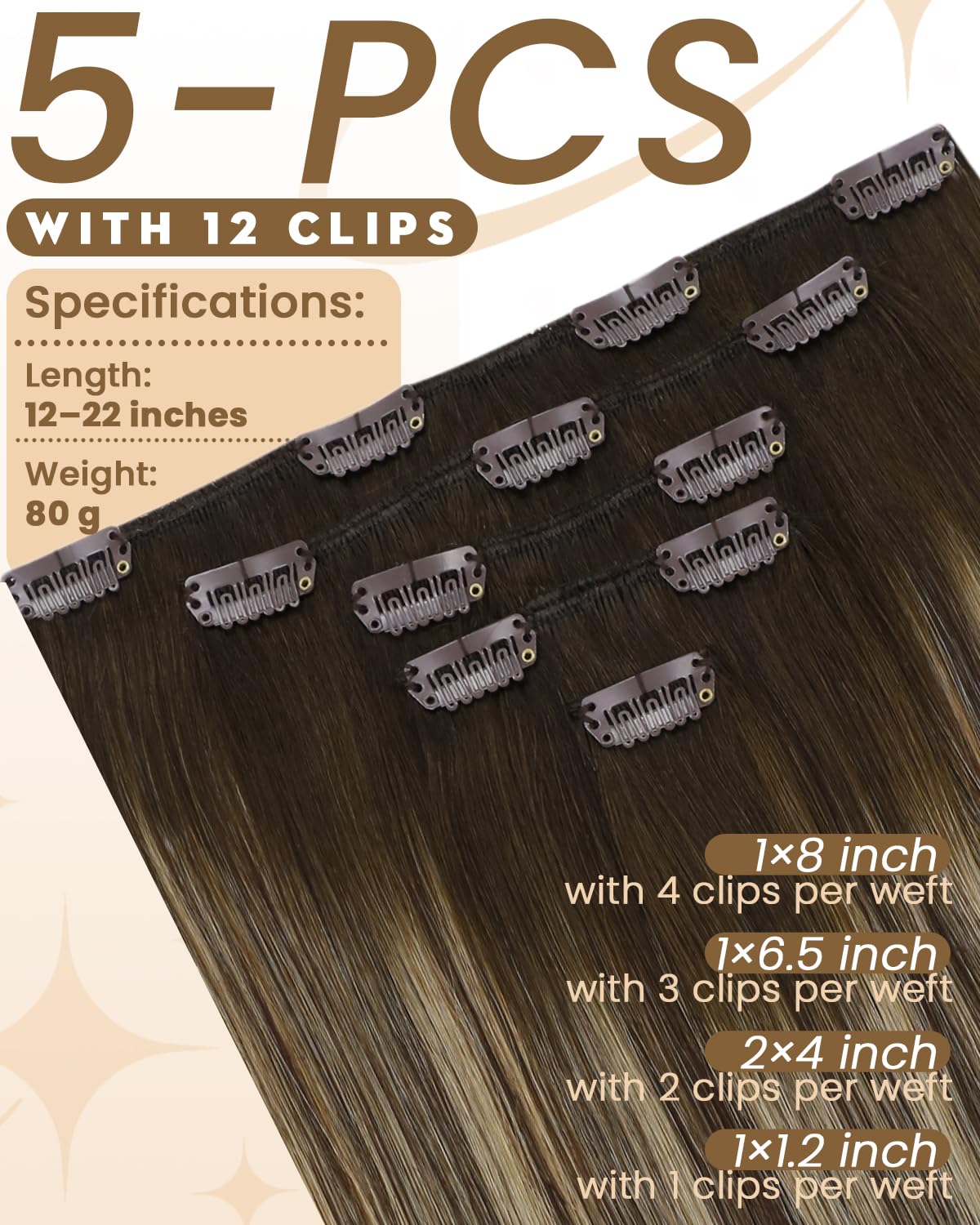 Hetto Extension Cheveux Naturel Clip Balayage Marron Foncé Extension Clip Cheveux Naturel Blond Caramel Invisible Humain Remy Lisse Légère et Confortable Usage Quotidien 30cm 80g 5pcs #4/27/4